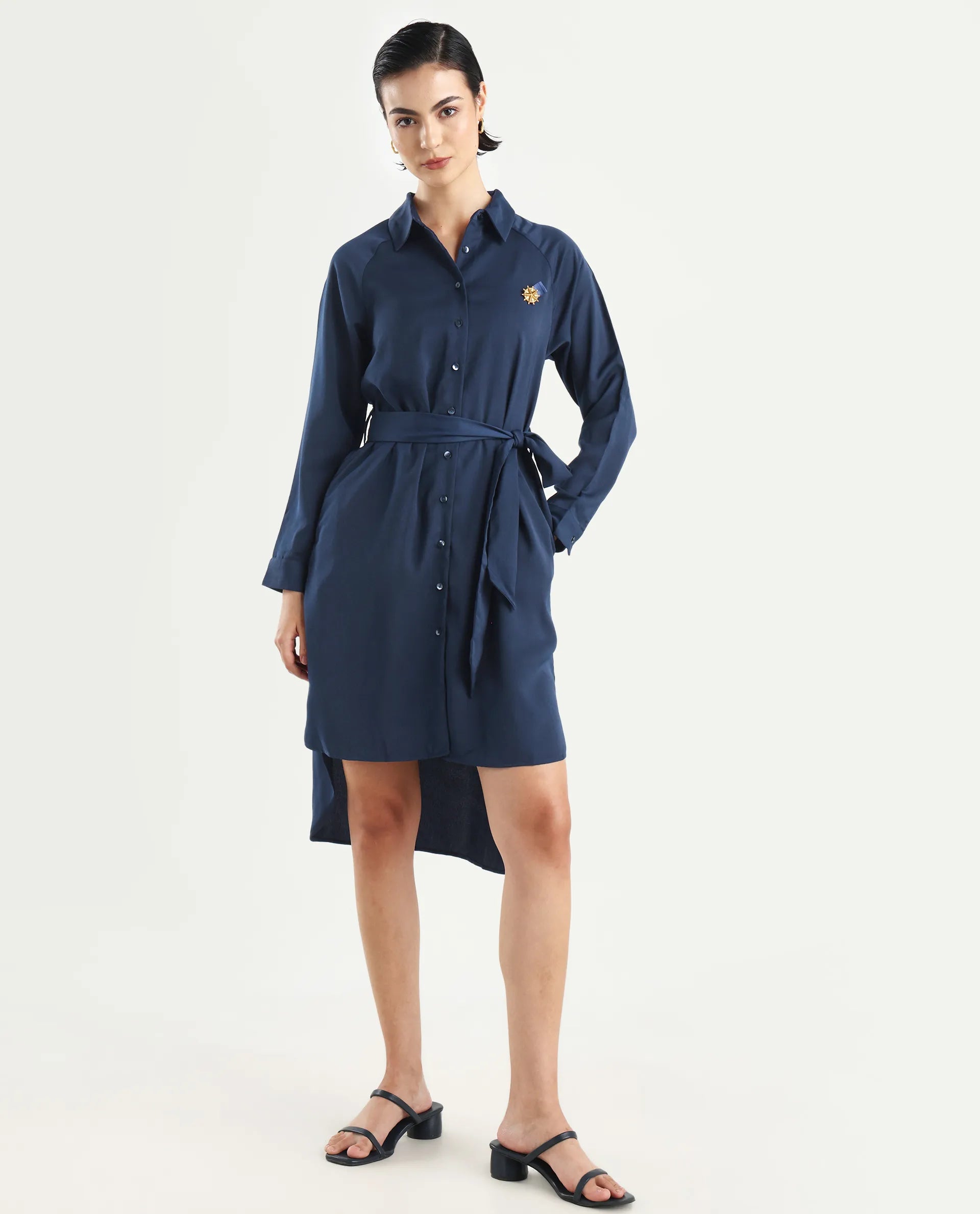 Rareism Women's Yulu Navy Satin Drop Collar Plain Cuffed Sleeve Midi Straight Fit Dress