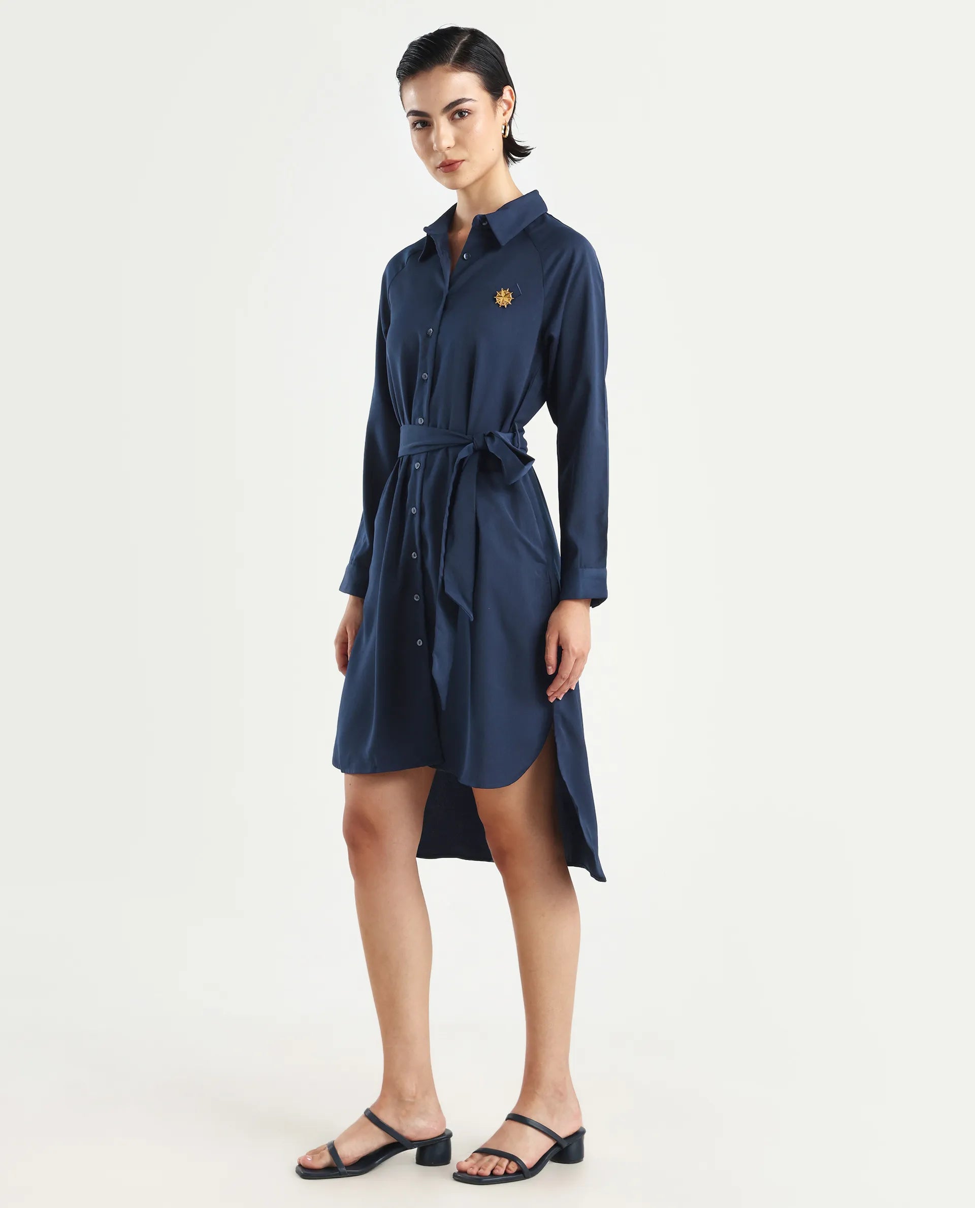 Rareism Women's Yulu Navy Satin Drop Collar Plain Cuffed Sleeve Midi Straight Fit Dress