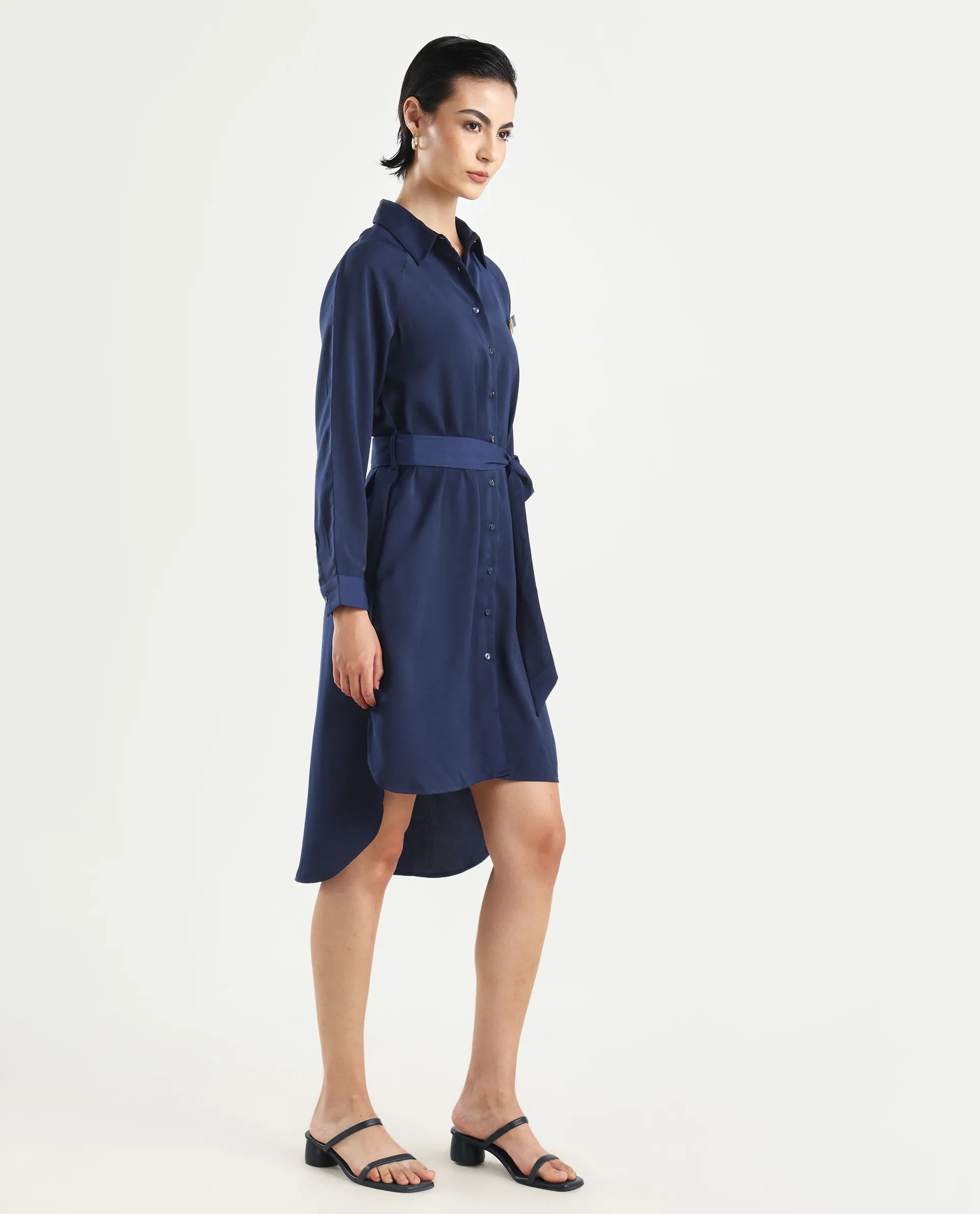 Rareism Women's Yulu Navy Satin Drop Collar Plain Cuffed Sleeve Midi Straight Fit Dress