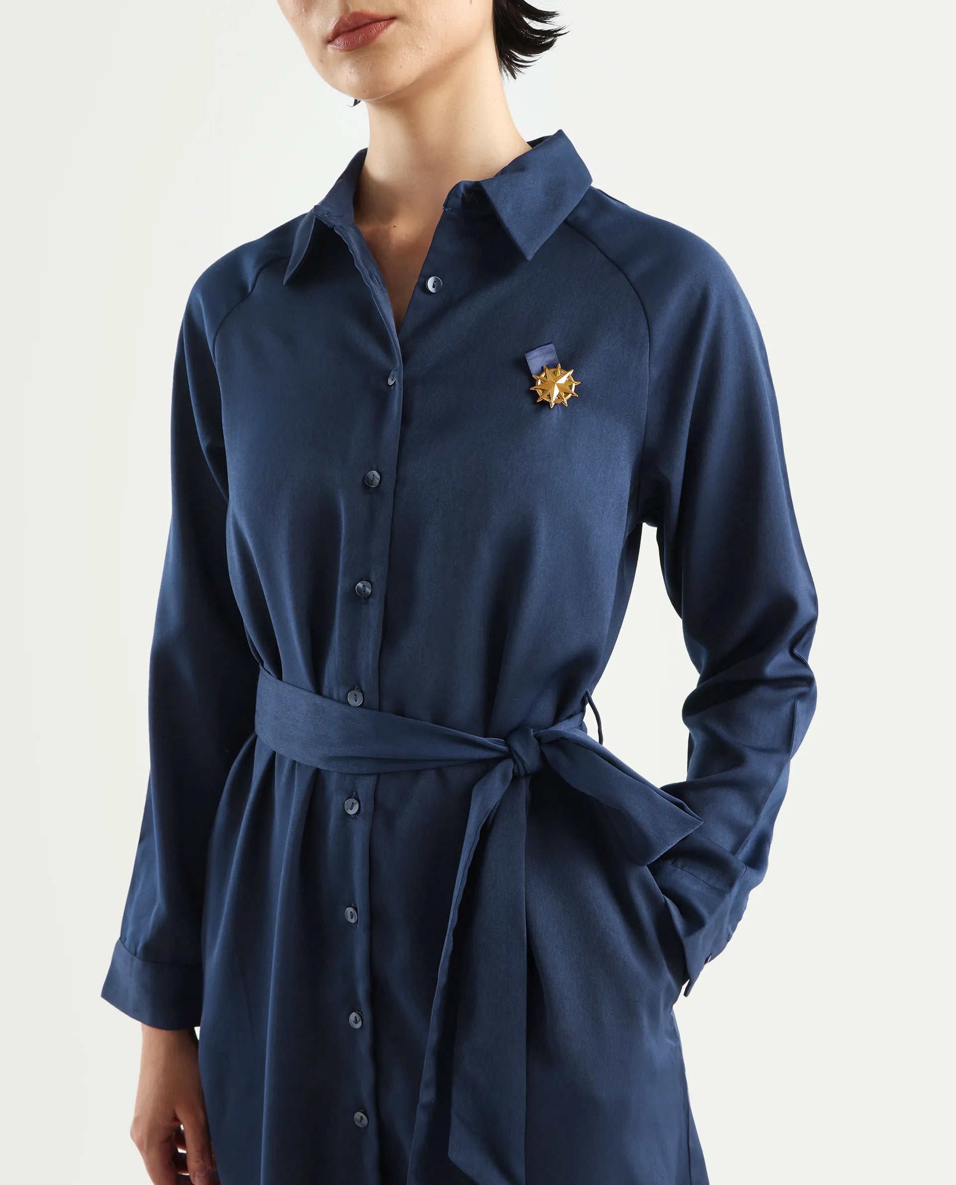 Rareism Women's Yulu Navy Satin Drop Collar Plain Cuffed Sleeve Midi Straight Fit Dress