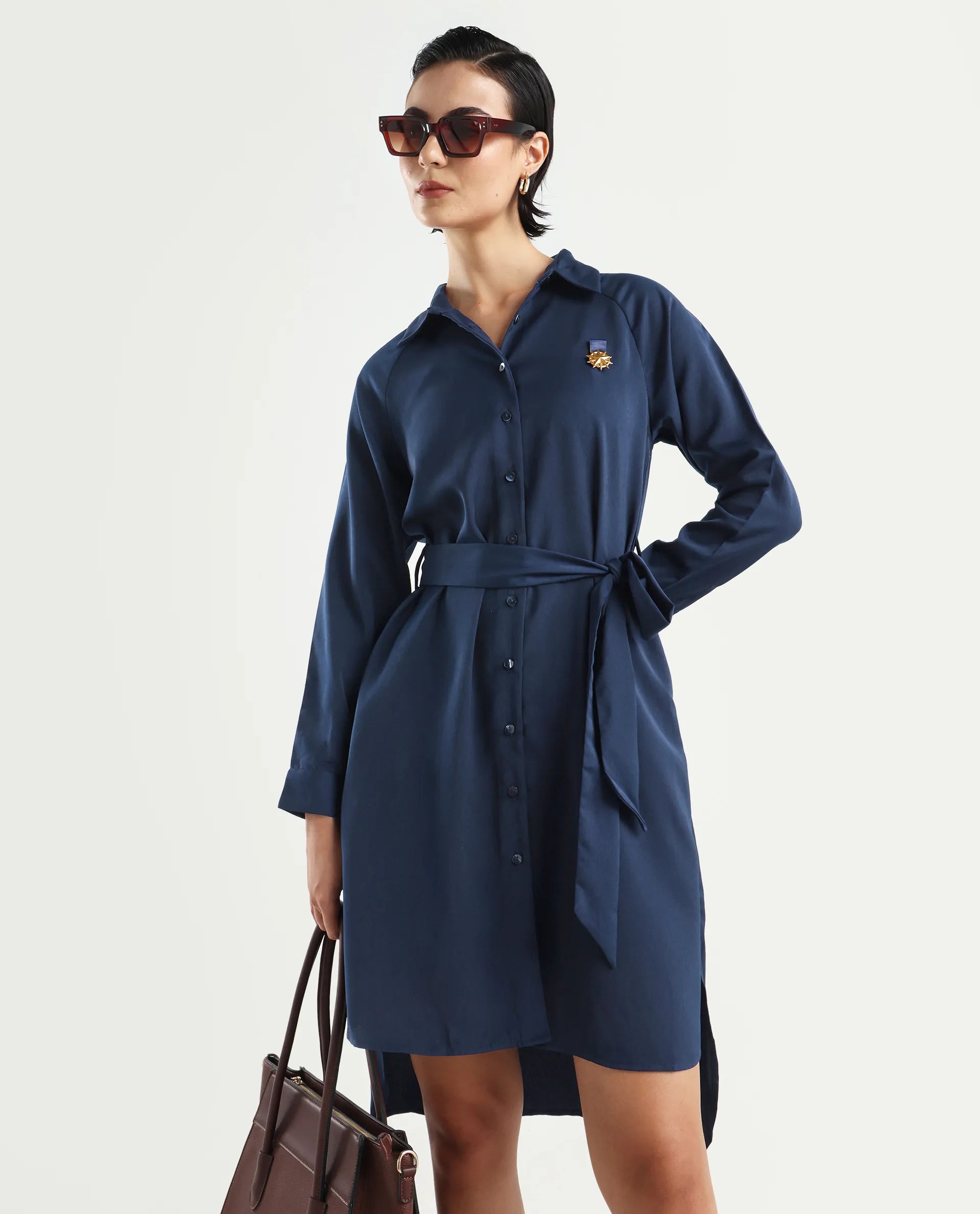 Rareism Women's Yulu Navy Satin Drop Collar Plain Cuffed Sleeve Midi Straight Fit Dress