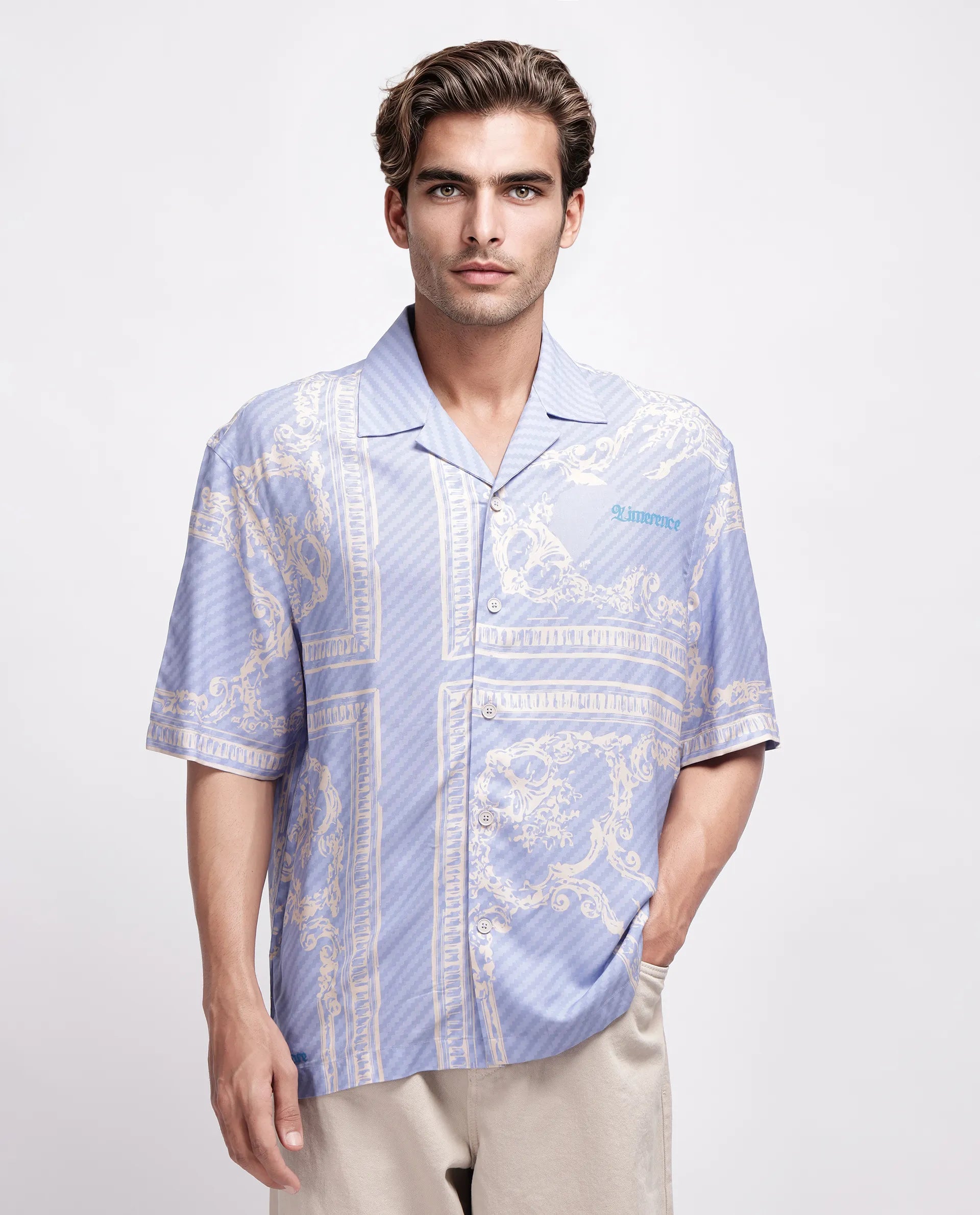 Rare Rabbit Men's Yuna Purple Viscose Placement Print Boxy Fit Half Sleeve Cuban Collar Shirt