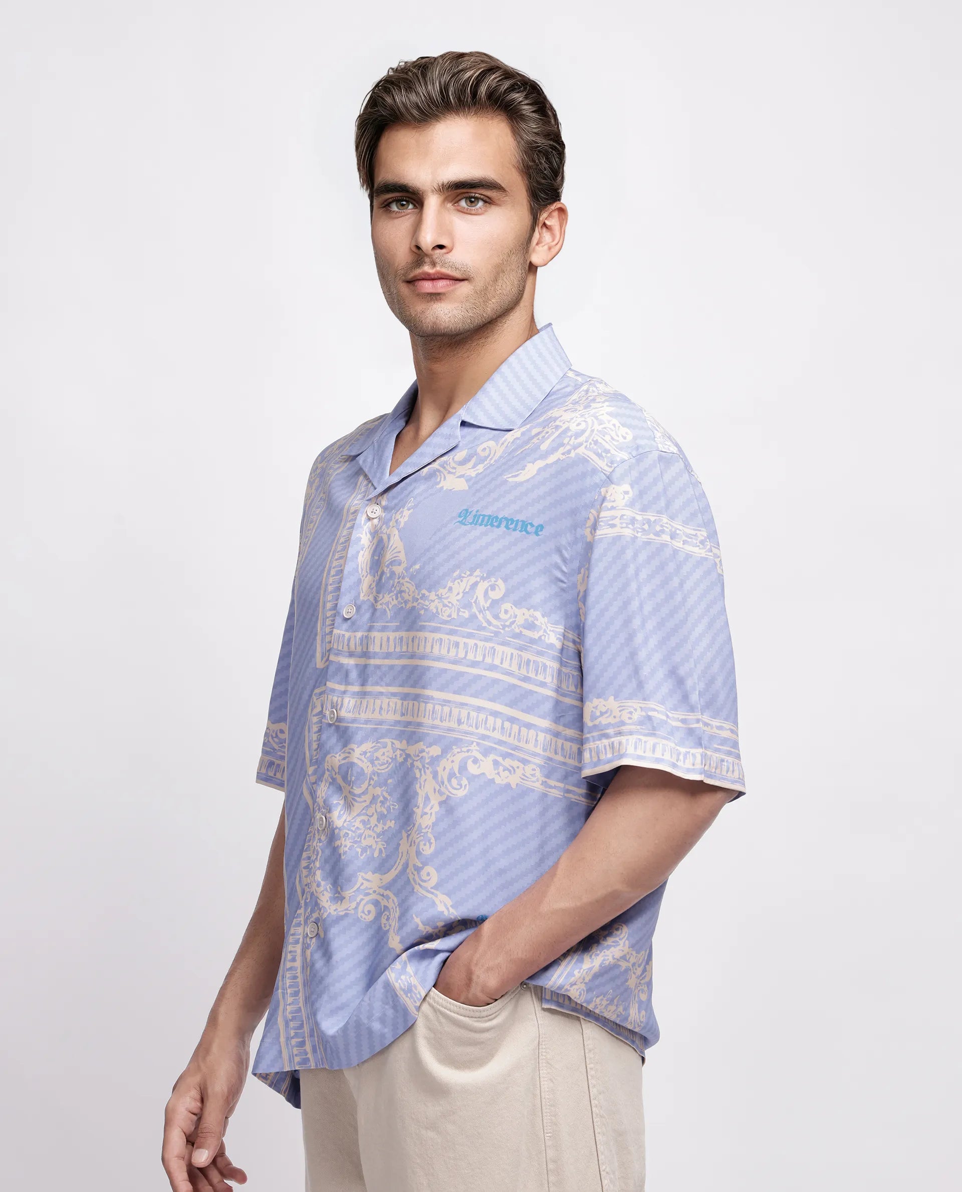 Rare Rabbit Men's Yuna Purple Viscose Placement Print Boxy Fit Half Sleeve Cuban Collar Shirt