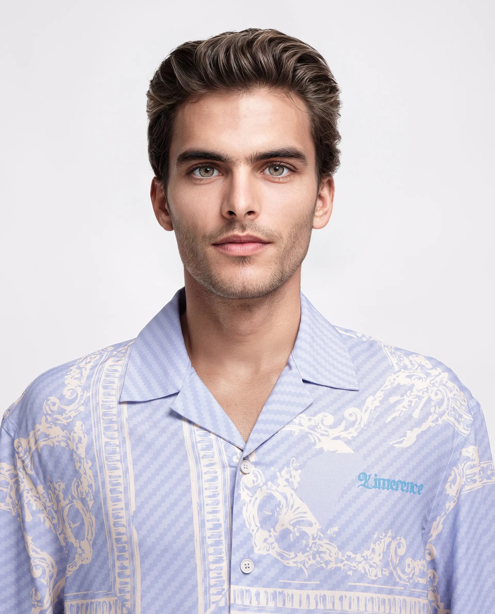 Rare Rabbit Men's Yuna Purple Viscose Placement Print Boxy Fit Half Sleeve Cuban Collar Shirt