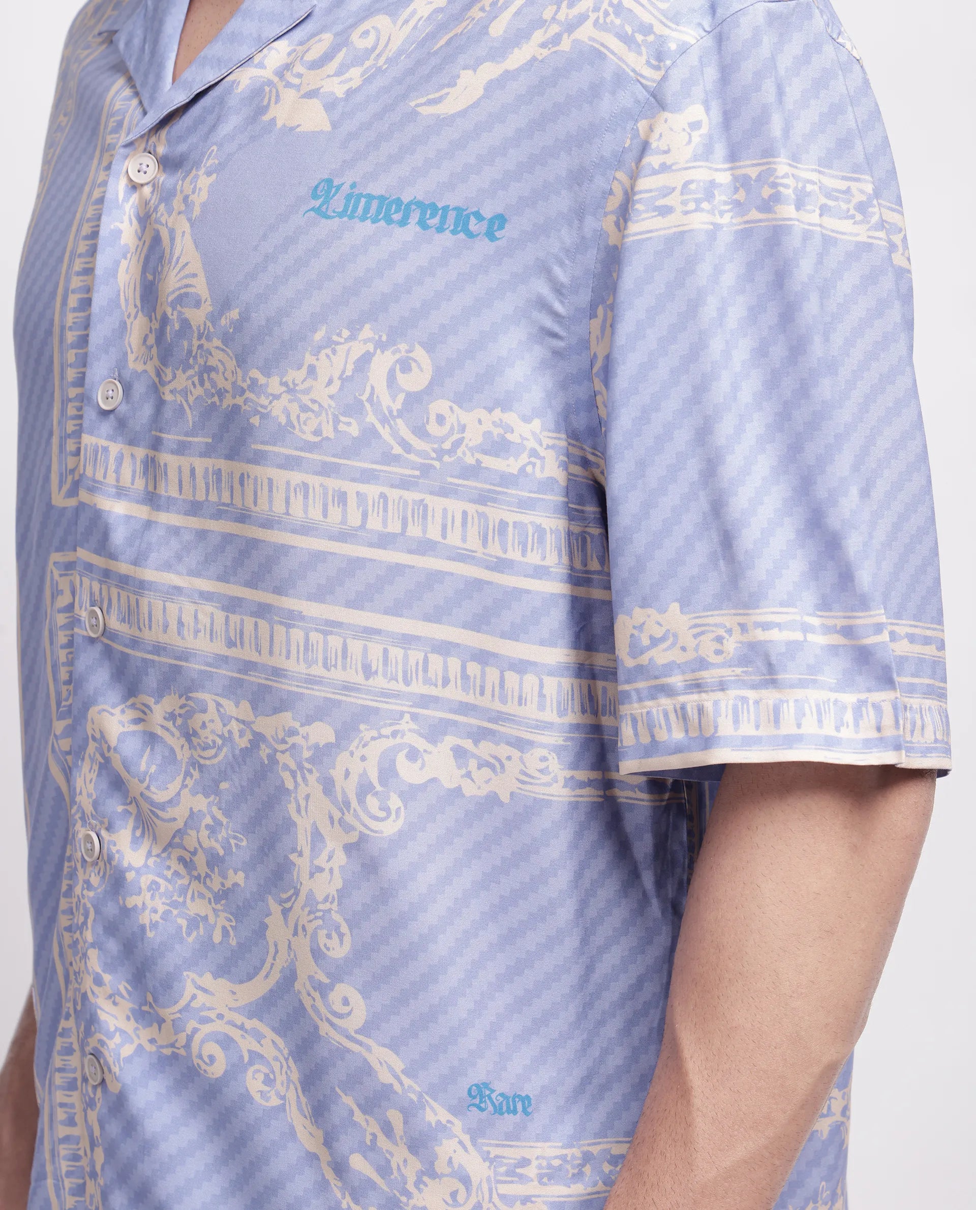 Rare Rabbit Men's Yuna Purple Viscose Placement Print Boxy Fit Half Sleeve Cuban Collar Shirt