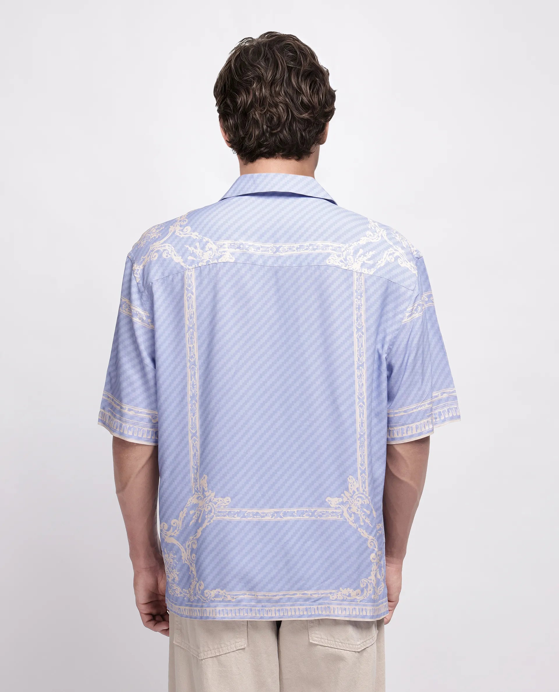 Rare Rabbit Men's Yuna Purple Viscose Placement Print Boxy Fit Half Sleeve Cuban Collar Shirt