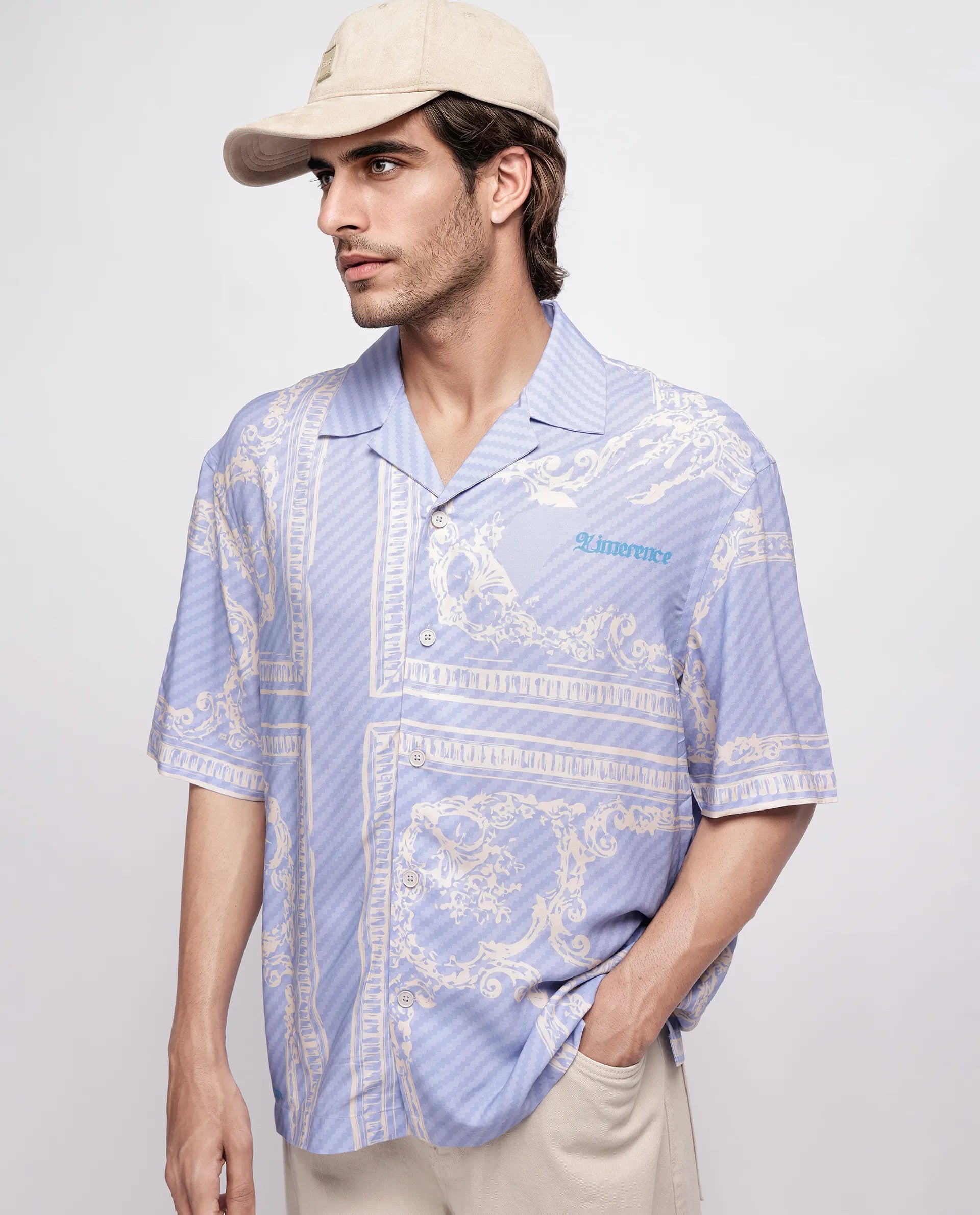 Rare Rabbit Men's Yuna Purple Viscose Placement Print Boxy Fit Half Sleeve Cuban Collar Shirt