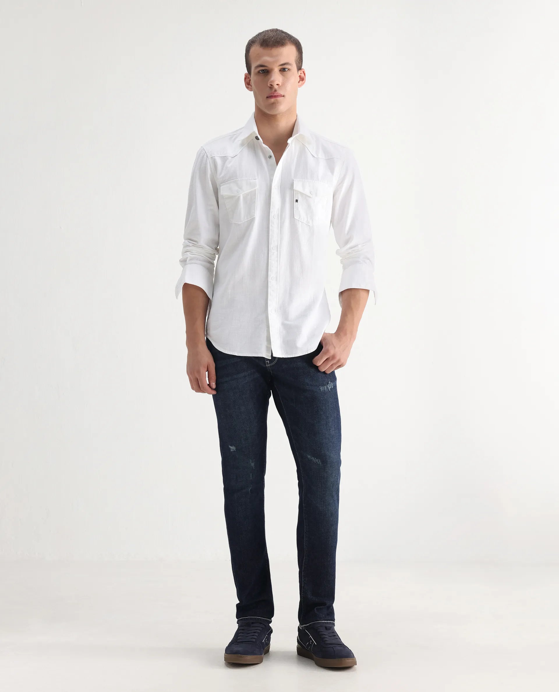 Rare Rabbit Men's Yuri Dark Blue Cotton Plain Hawk Slim Fit Jeans