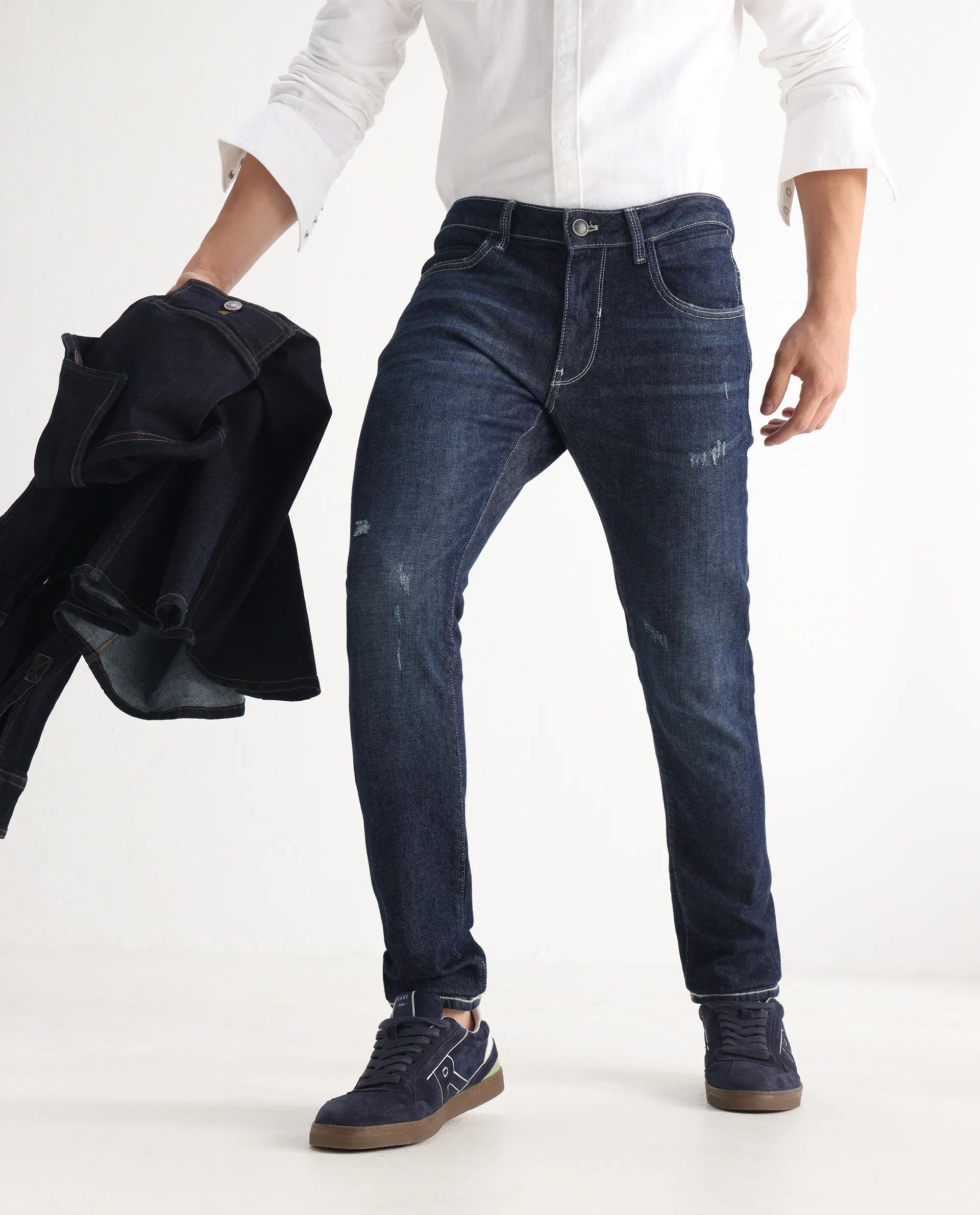 Rare Rabbit Men's Yuri Dark Blue Cotton Plain Hawk Slim Fit Jeans