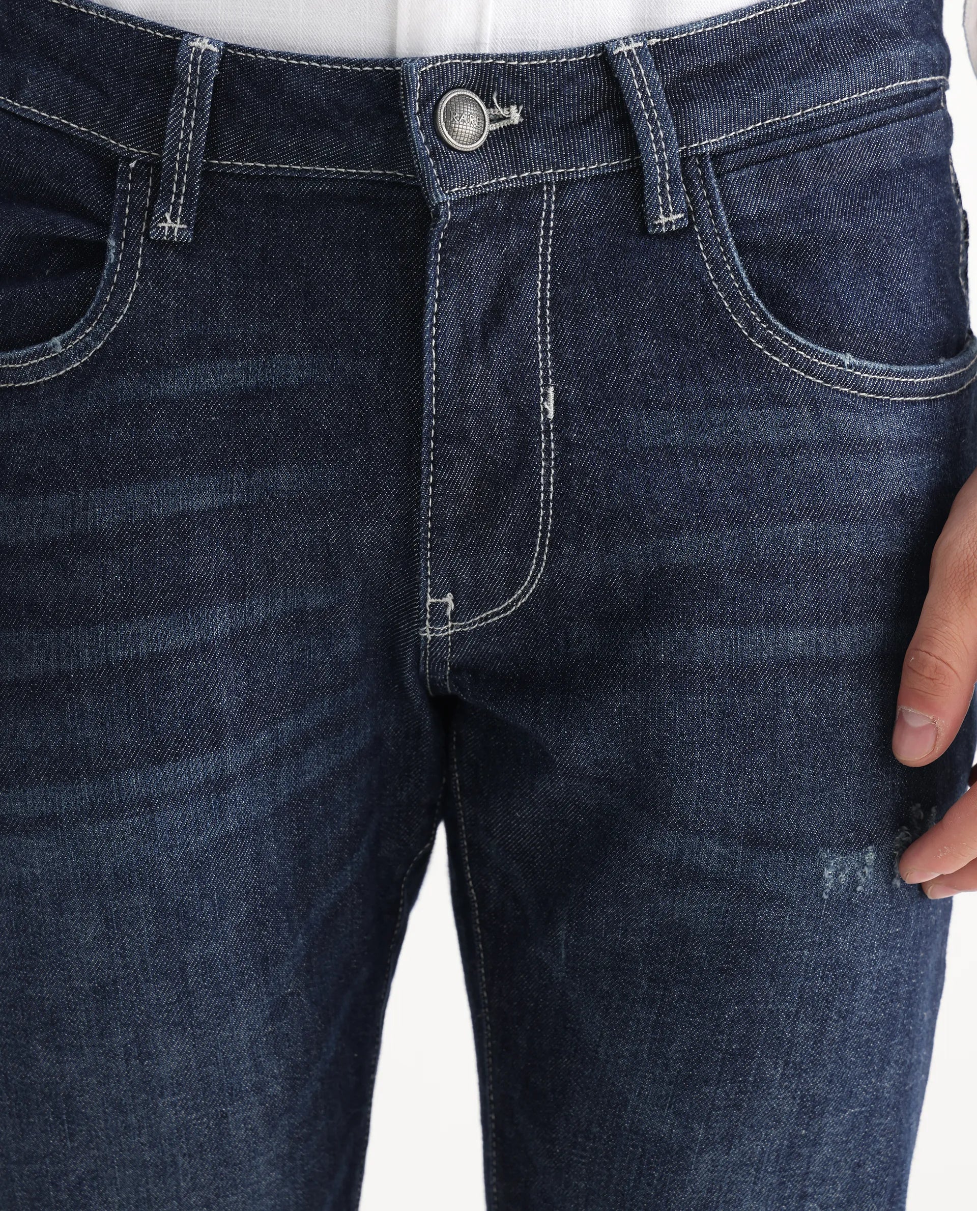 Rare Rabbit Men's Yuri Dark Blue Cotton Plain Hawk Slim Fit Jeans