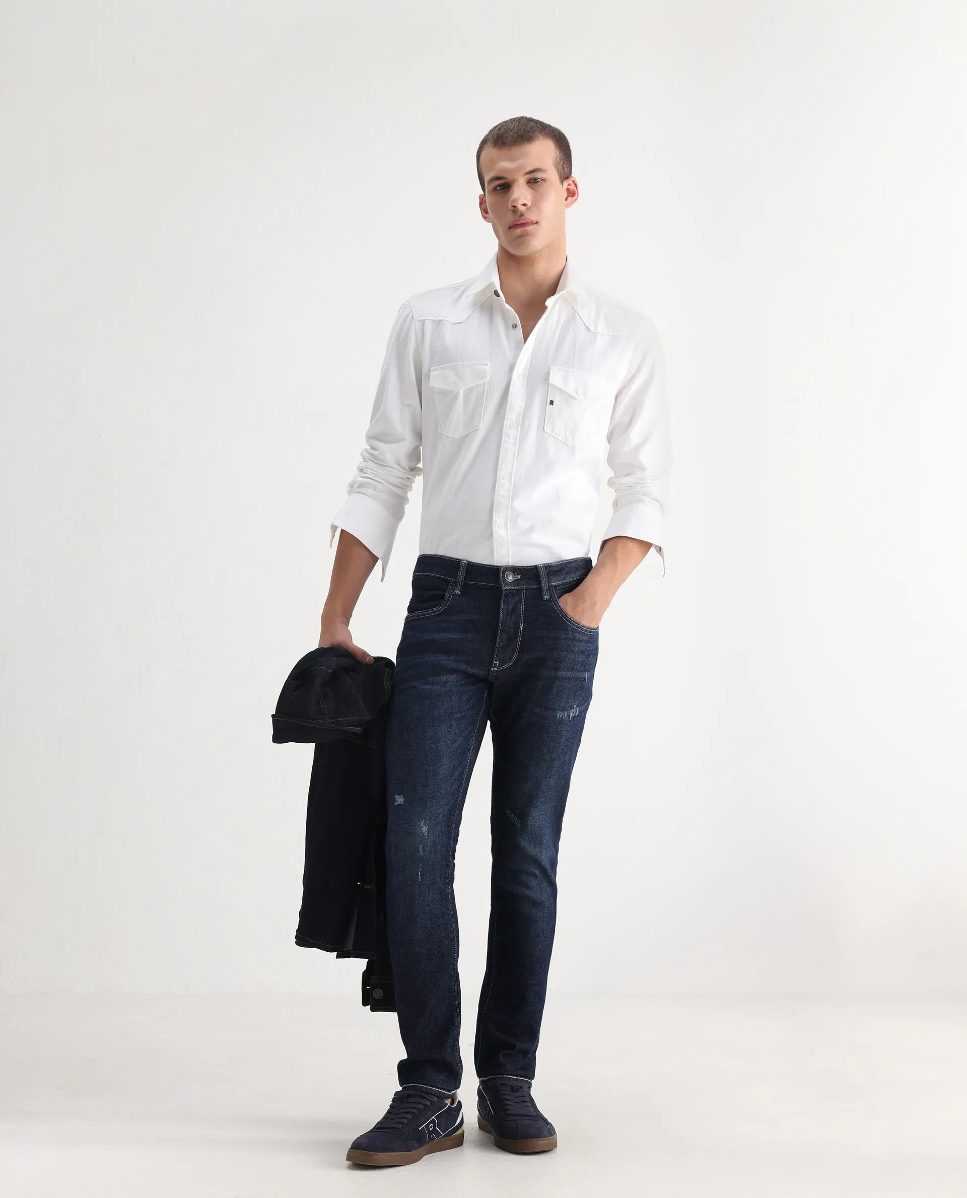 Rare Rabbit Men's Yuri Dark Blue Cotton Plain Hawk Slim Fit Jeans