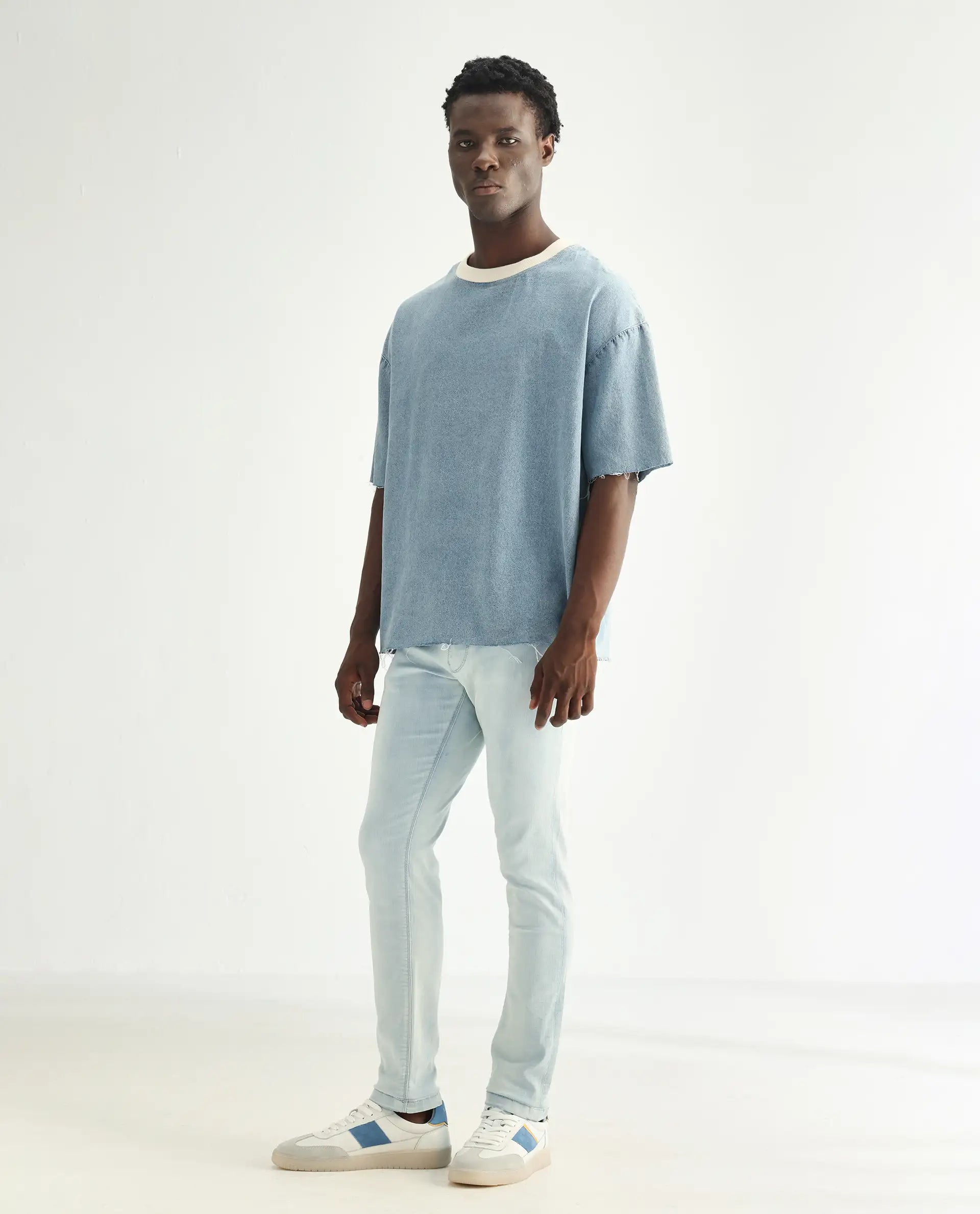 Rare Rabbit Men's Yuto Light Blue Cotton Plain Hawk Slim Fit Jeans