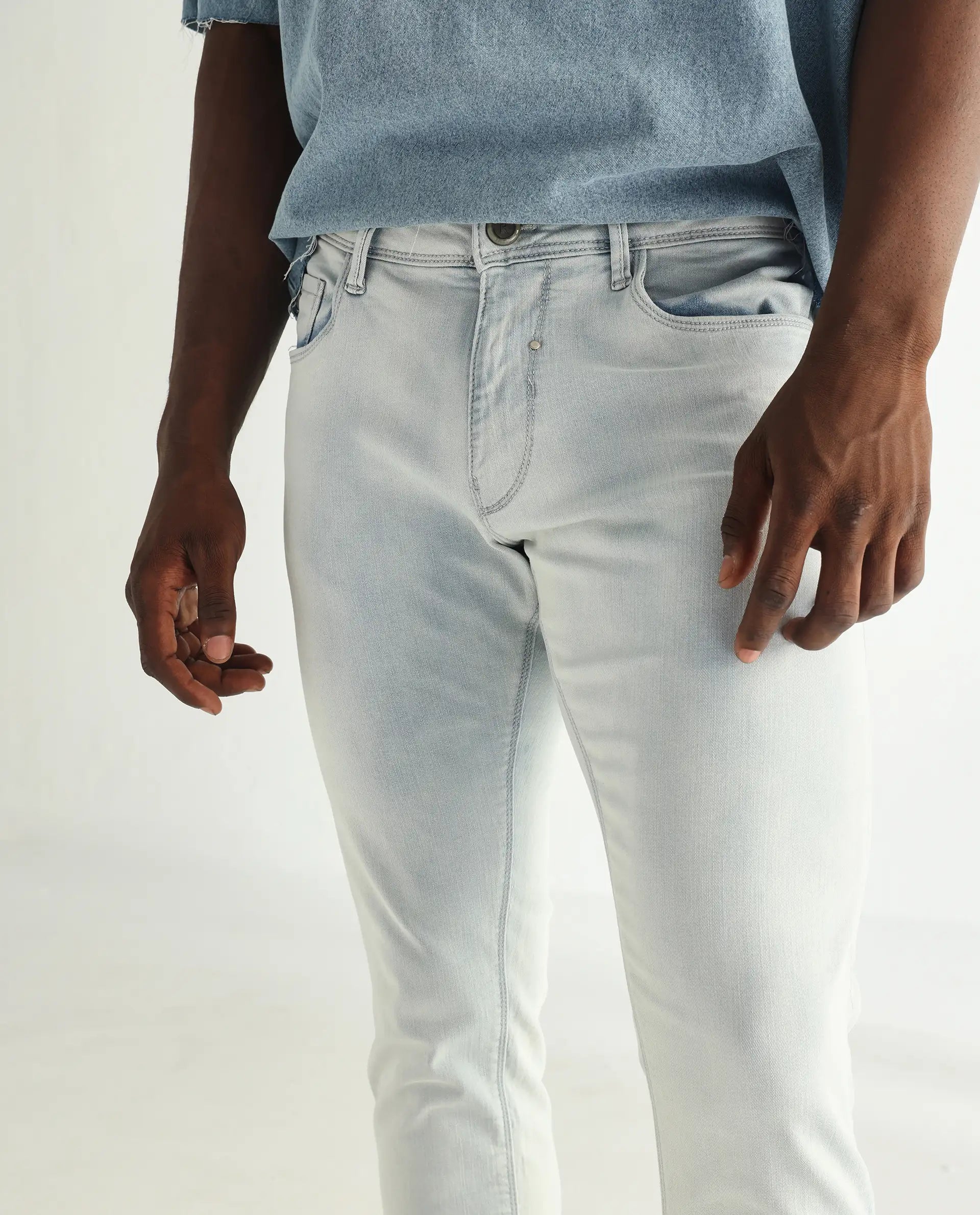 Rare Rabbit Men's Yuto Light Blue Cotton Plain Hawk Slim Fit Jeans