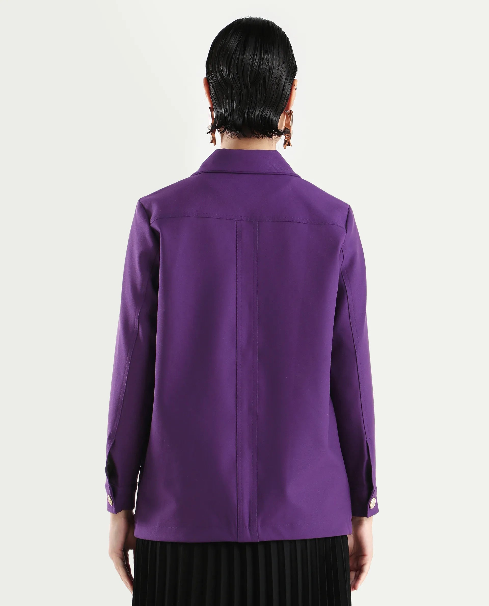 Rareism Women's Yeppon Purple Spread Collar Plain Cuffed Sleeve Hip Length Boxy Fit Jacket