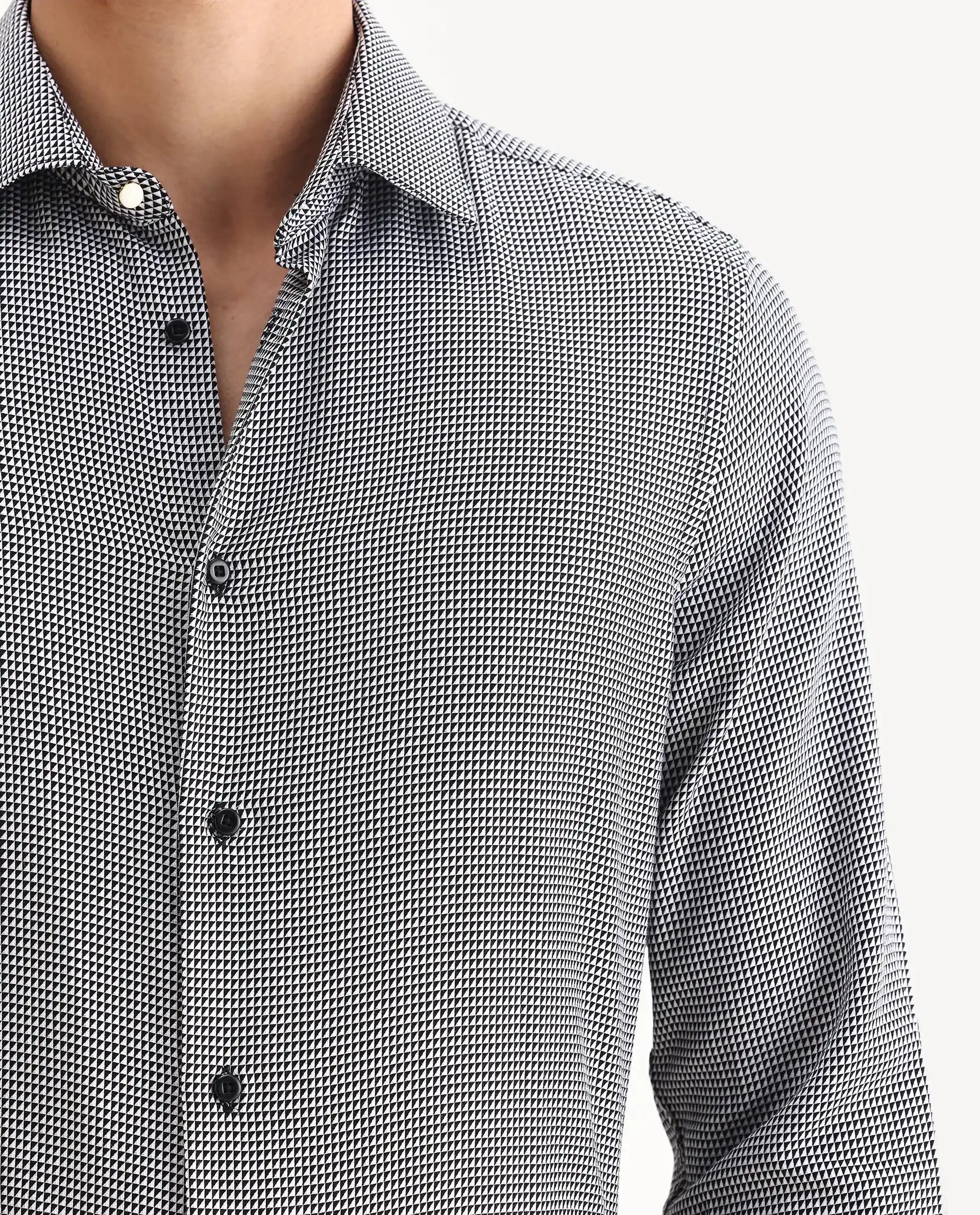 Rare Rabbit Men's Zack Black Cotton Fabric Collared Neck Regular Fit Jacquard Shirt