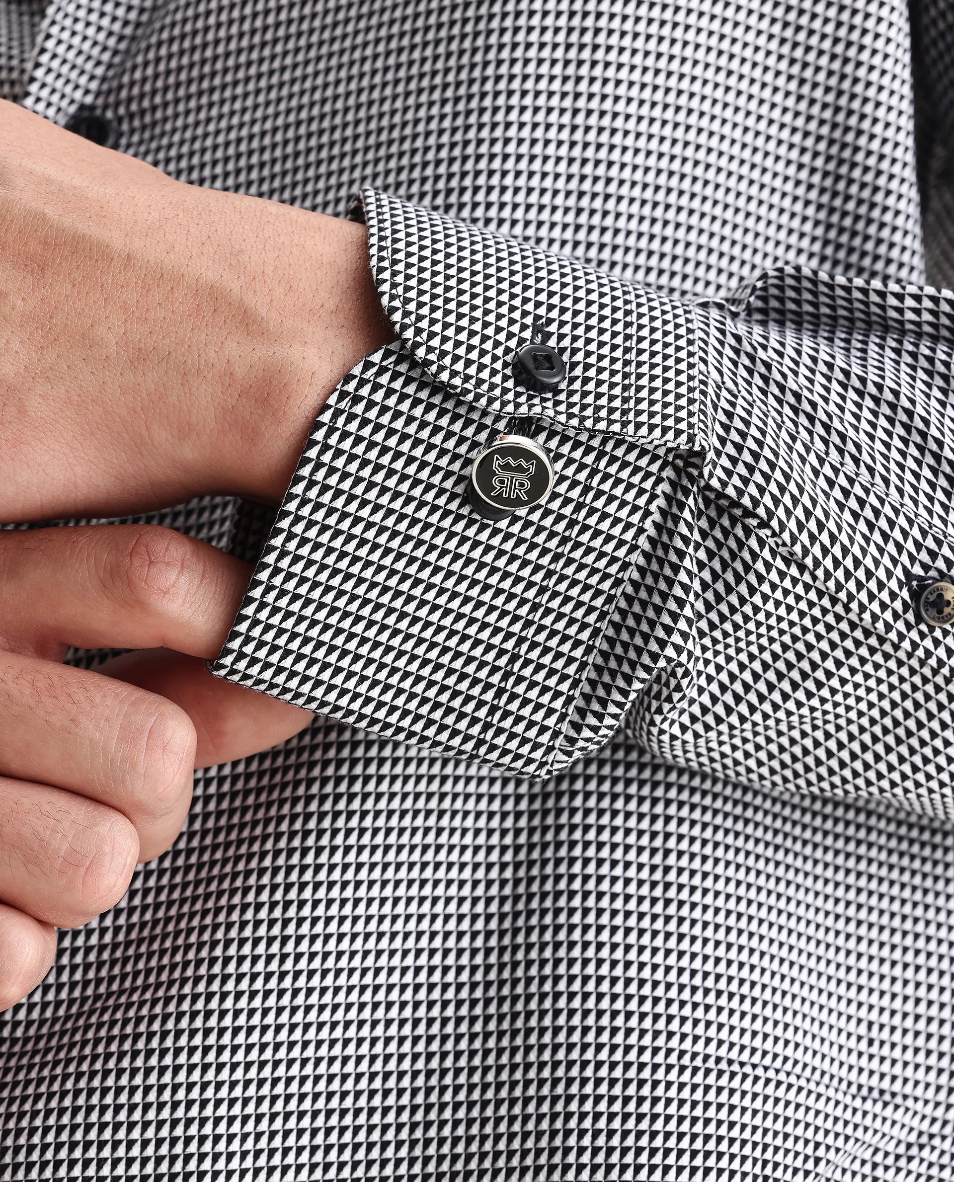Rare Rabbit Men's Zack Black Cotton Fabric Collared Neck Regular Fit Jacquard Shirt