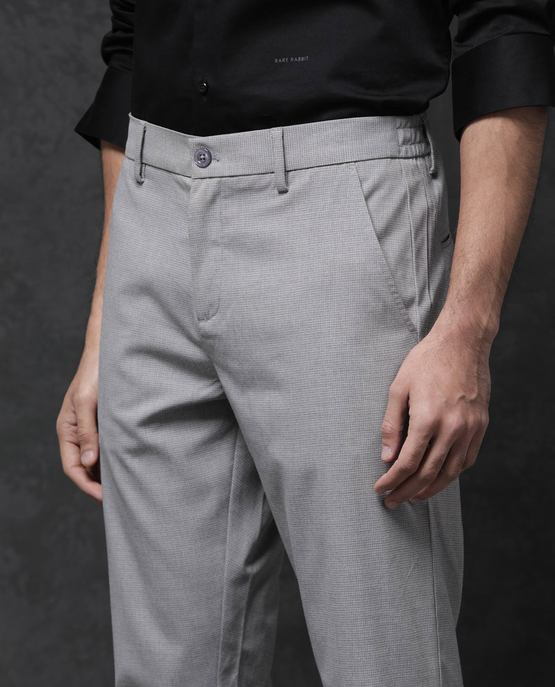 Rare Rabbit Mens Zader Grey Poly Viscose Lycra Fabric Mid Rise Regular Fit Micro Check Trouser