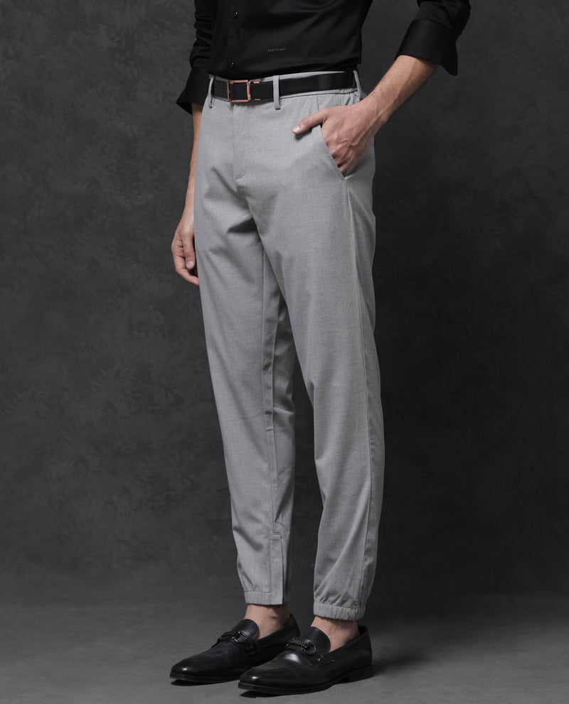 Rare Rabbit Mens Zader Grey Poly Viscose Lycra Fabric Mid Rise Regular Fit Micro Check Trouser