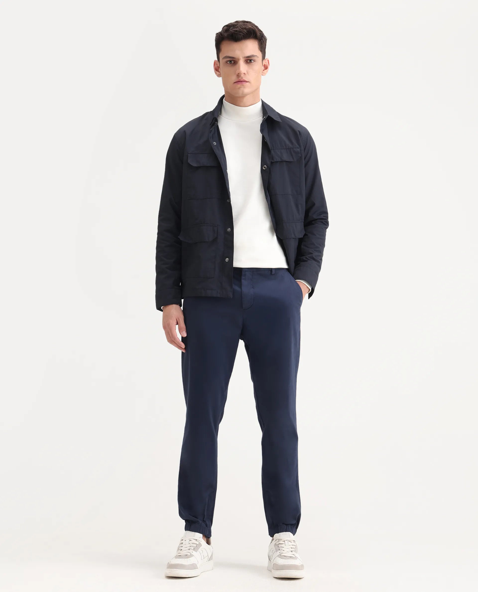 Rare Rabbit Men's Zade Navy Cotton Blend Plain Regular Fit Trouser