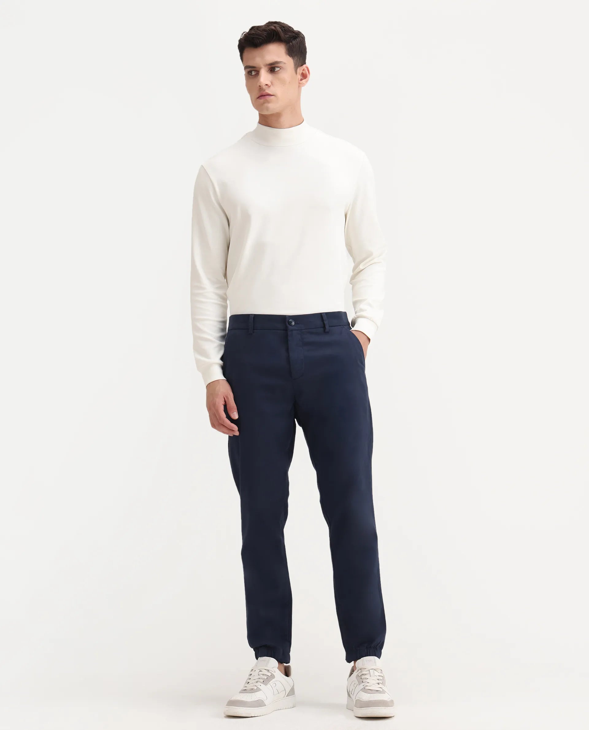 Rare Rabbit Men's Zade Navy Cotton Blend Plain Regular Fit Trouser