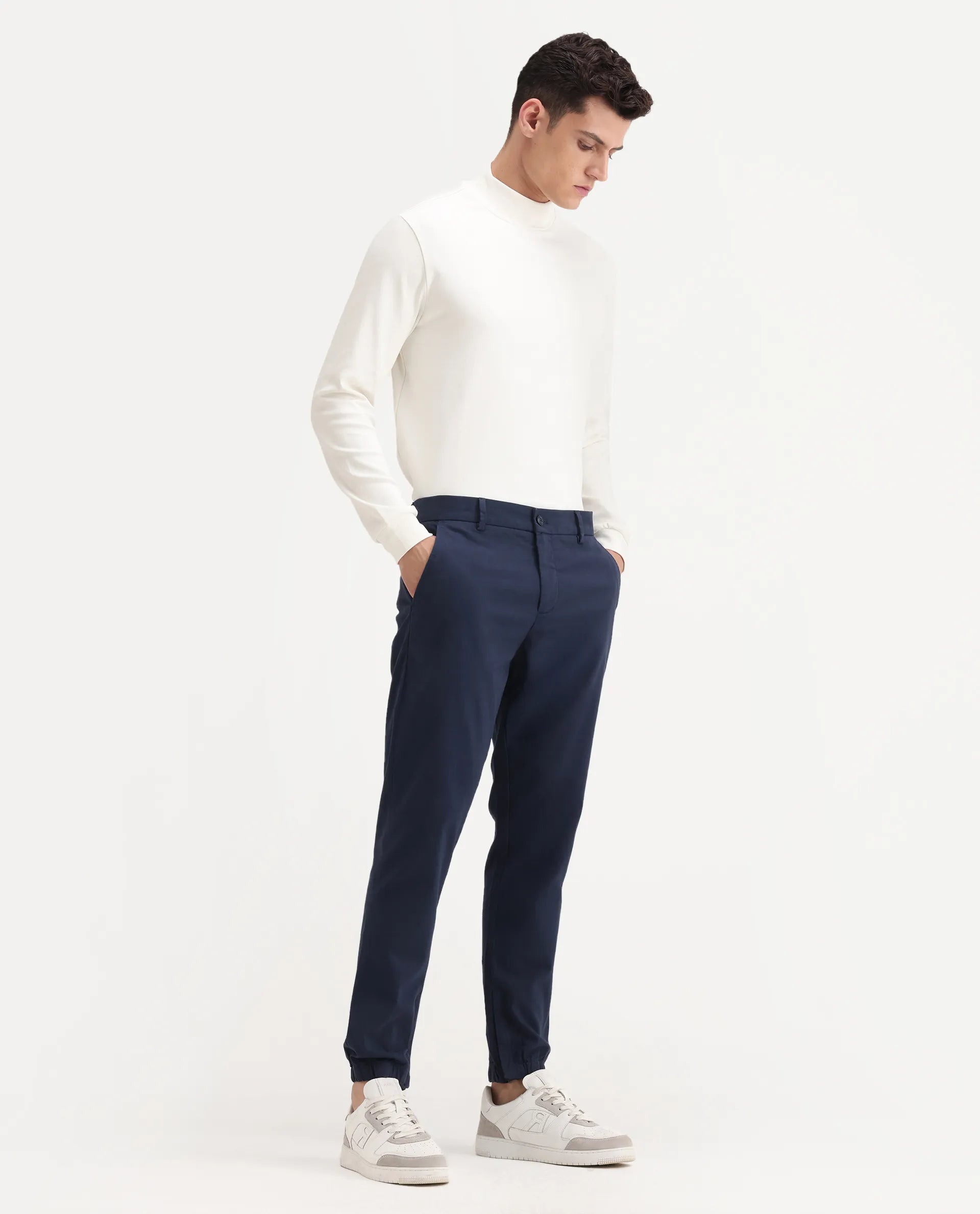 Rare Rabbit Men's Zade Navy Cotton Blend Plain Regular Fit Trouser