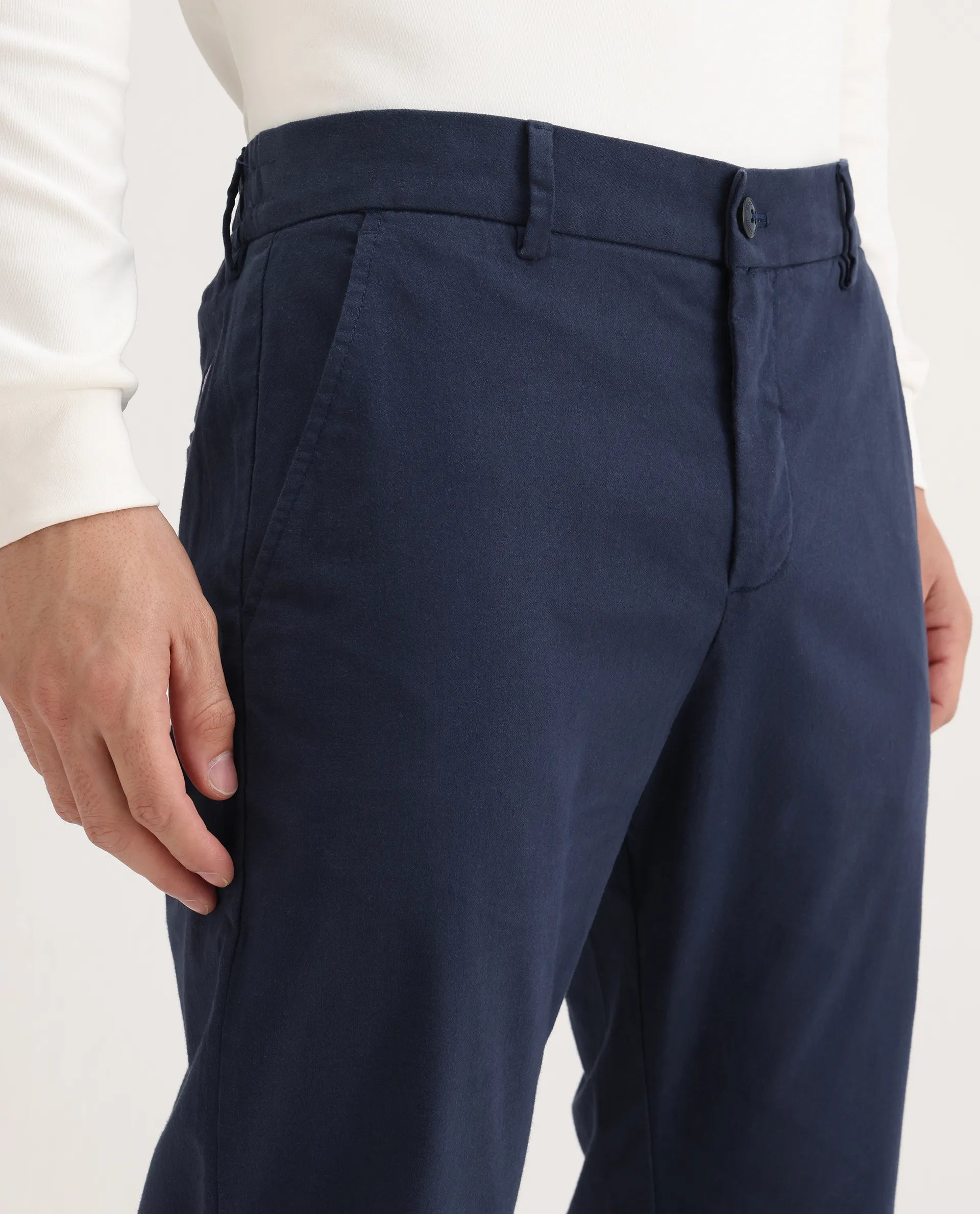 Rare Rabbit Men's Zade Navy Cotton Blend Plain Regular Fit Trouser