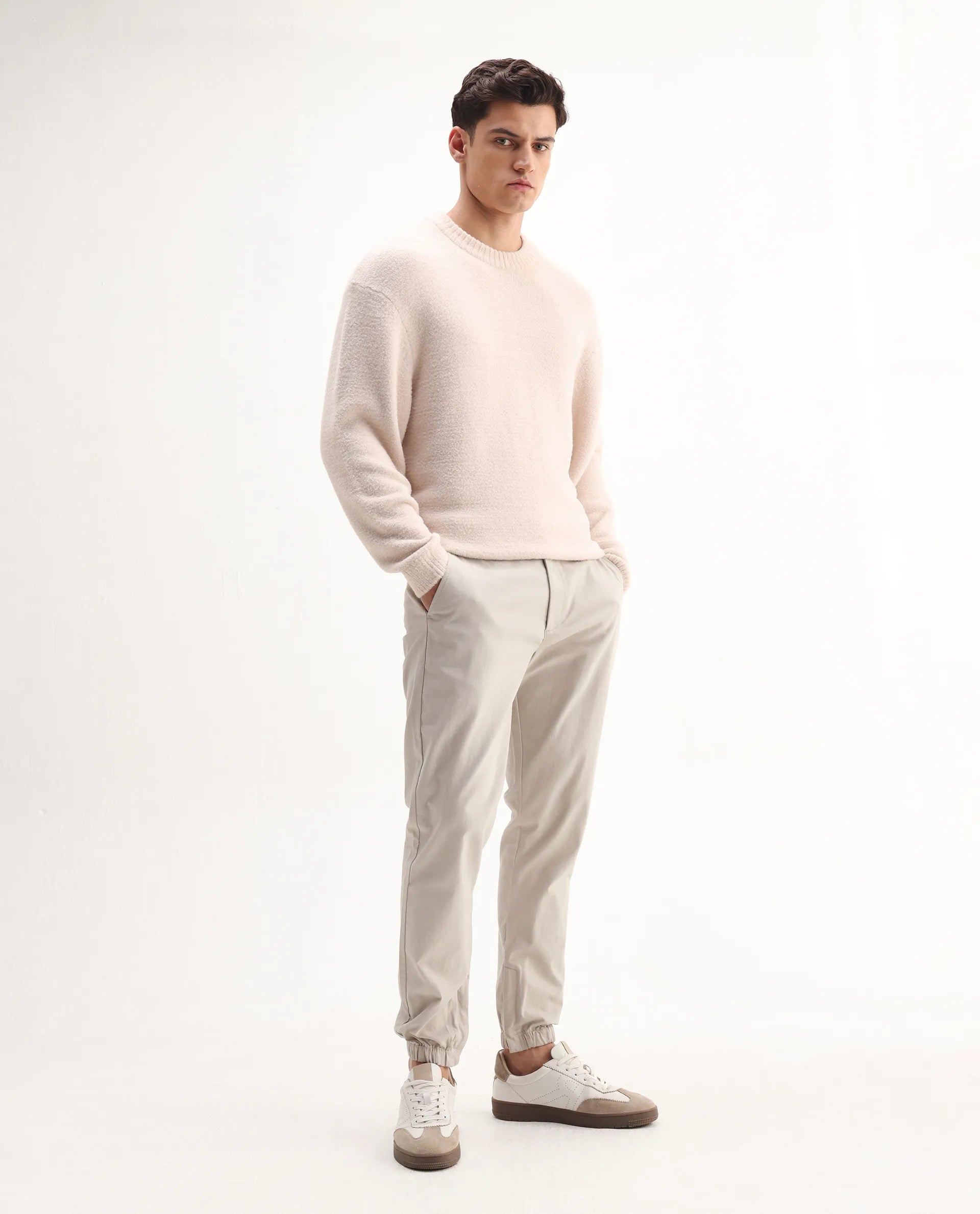 Rare Rabbit Men's Zade-N Light Beige Cotton Blend Plain Regular Fit Trouser