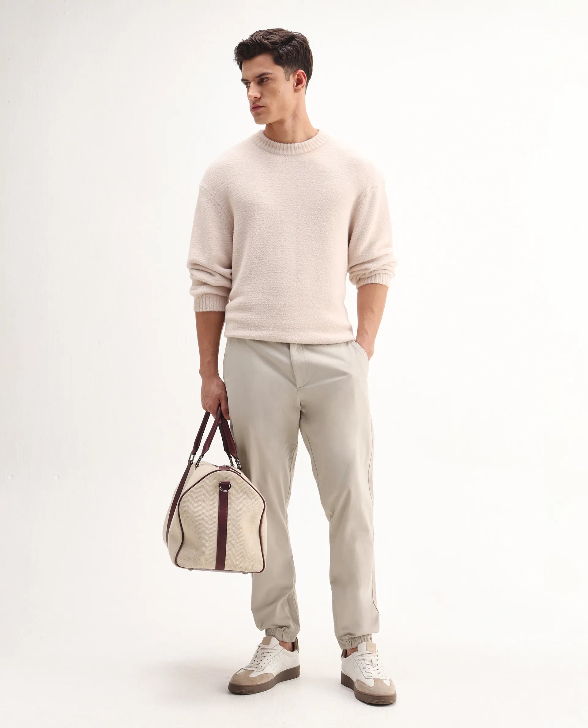 Rare Rabbit Men's Zade-N Light Beige Cotton Blend Plain Regular Fit Trouser