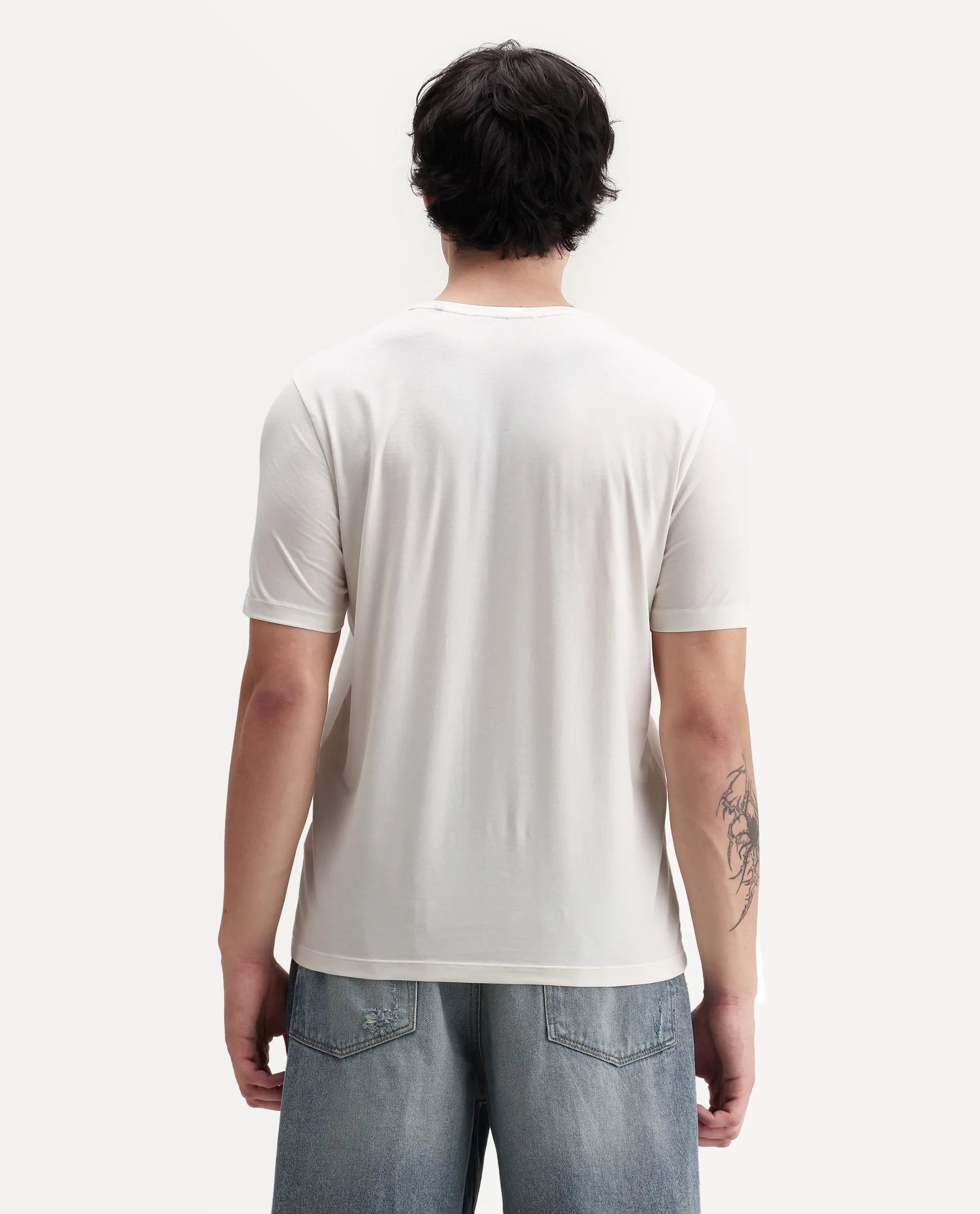 Rare Rabbit Men's Zaf Off White Cotton Blend Fabric Crew Neck Regular Fit Graphic Print T-Shirt
