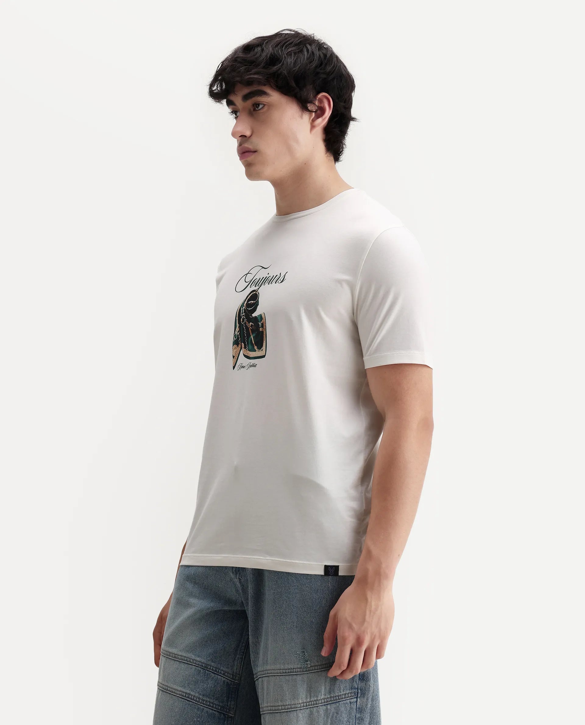 Rare Rabbit Men's Zaf Off White Cotton Blend Fabric Crew Neck Regular Fit Graphic Print T-Shirt