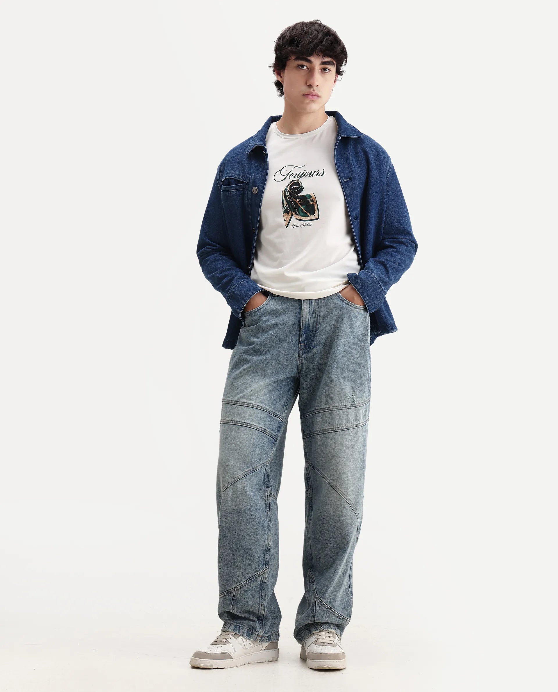 Rare Rabbit Men's Zaf Off White Cotton Blend Fabric Crew Neck Regular Fit Graphic Print T-Shirt