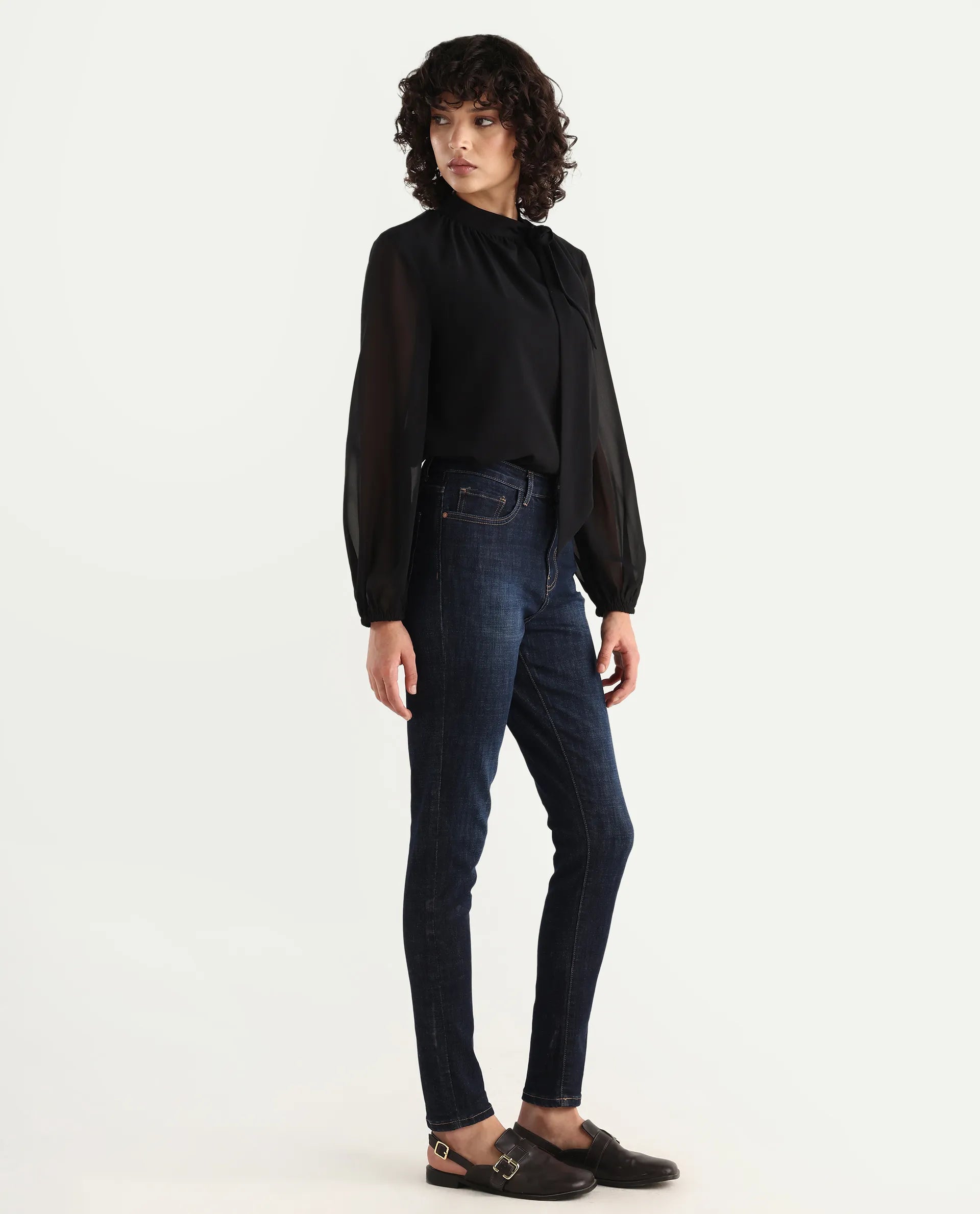 Rareism Women's Zaisho Dark Blue Cotton Blend Plain Ankle Length Sleek Skinny Fit Jeans