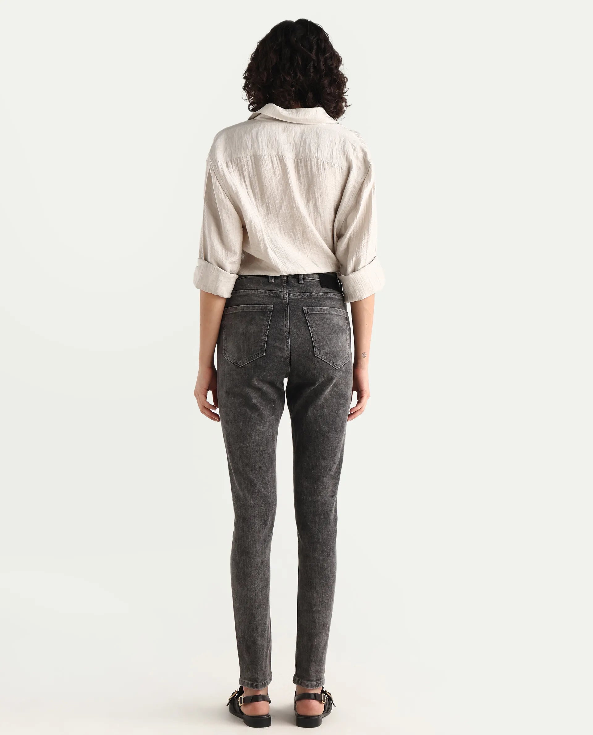 Rareism Women's Zaisho Grey Cotton Blend Plain Ankle Length Sleek Skinny Fit Jeans