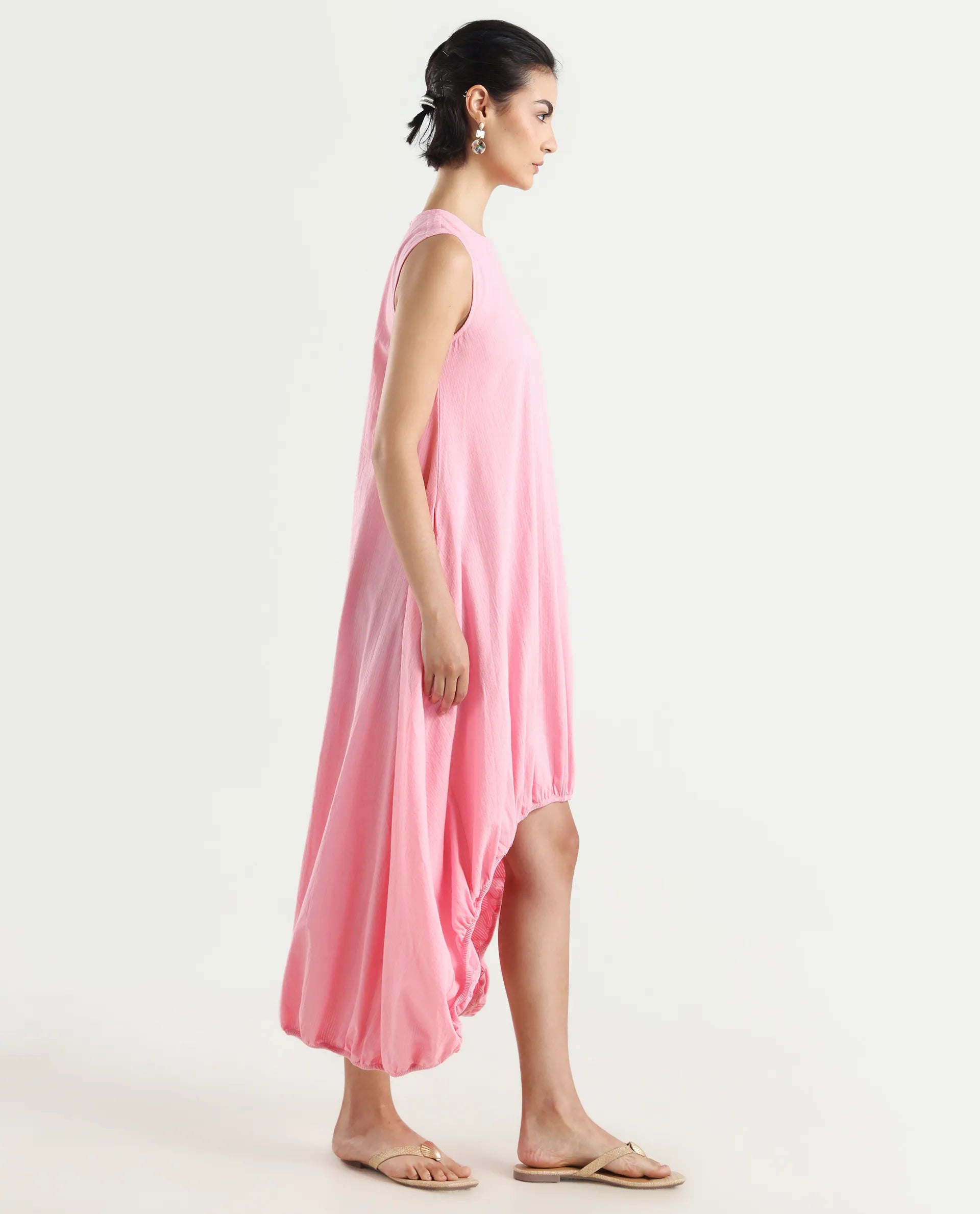 Rareism Women's Zakura Dusky Pink Cotton Crew Neck Striped Sleeveless Maxi Balloon Dress