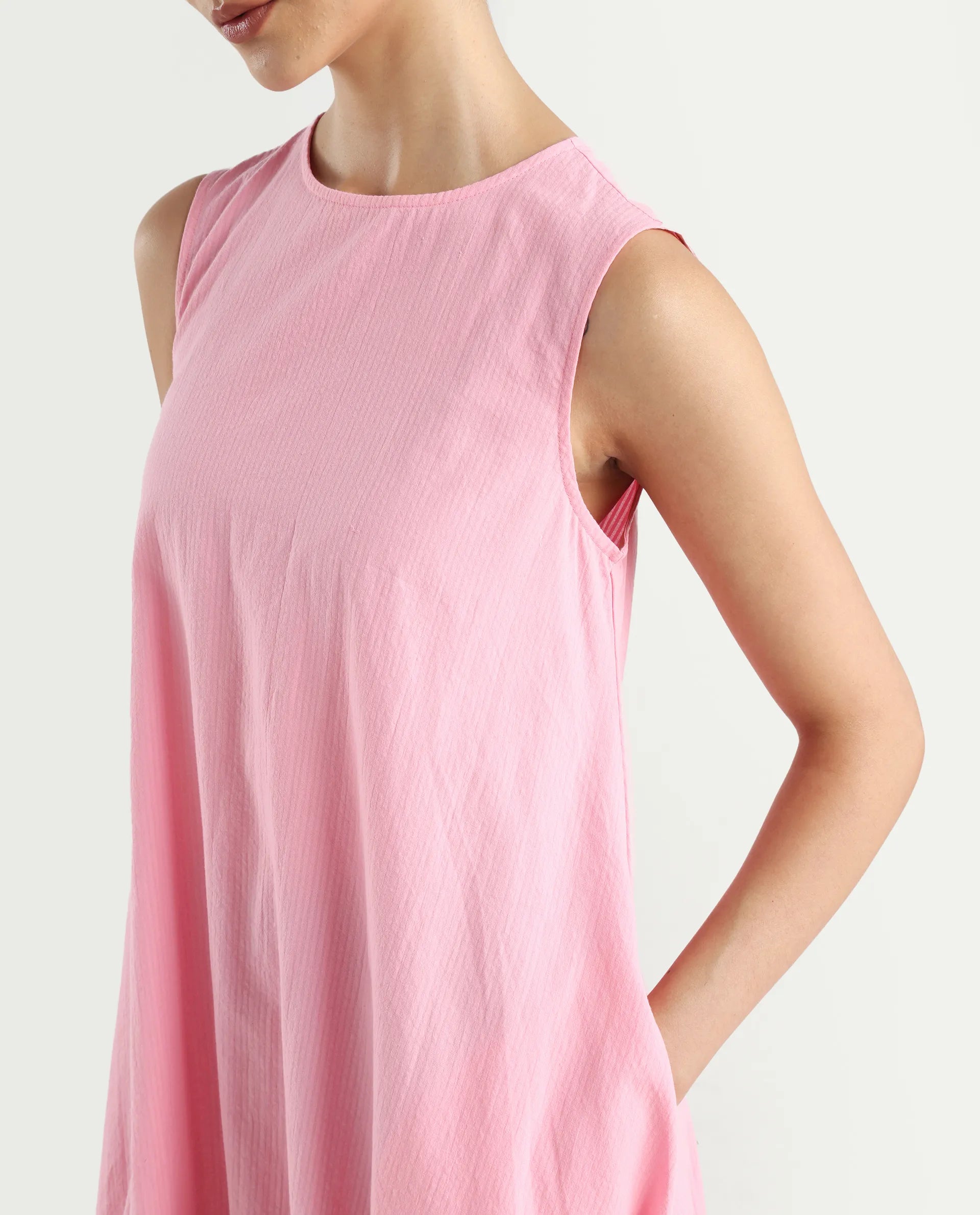 Rareism Women's Zakura Dusky Pink Cotton Crew Neck Striped Sleeveless Maxi Balloon Dress