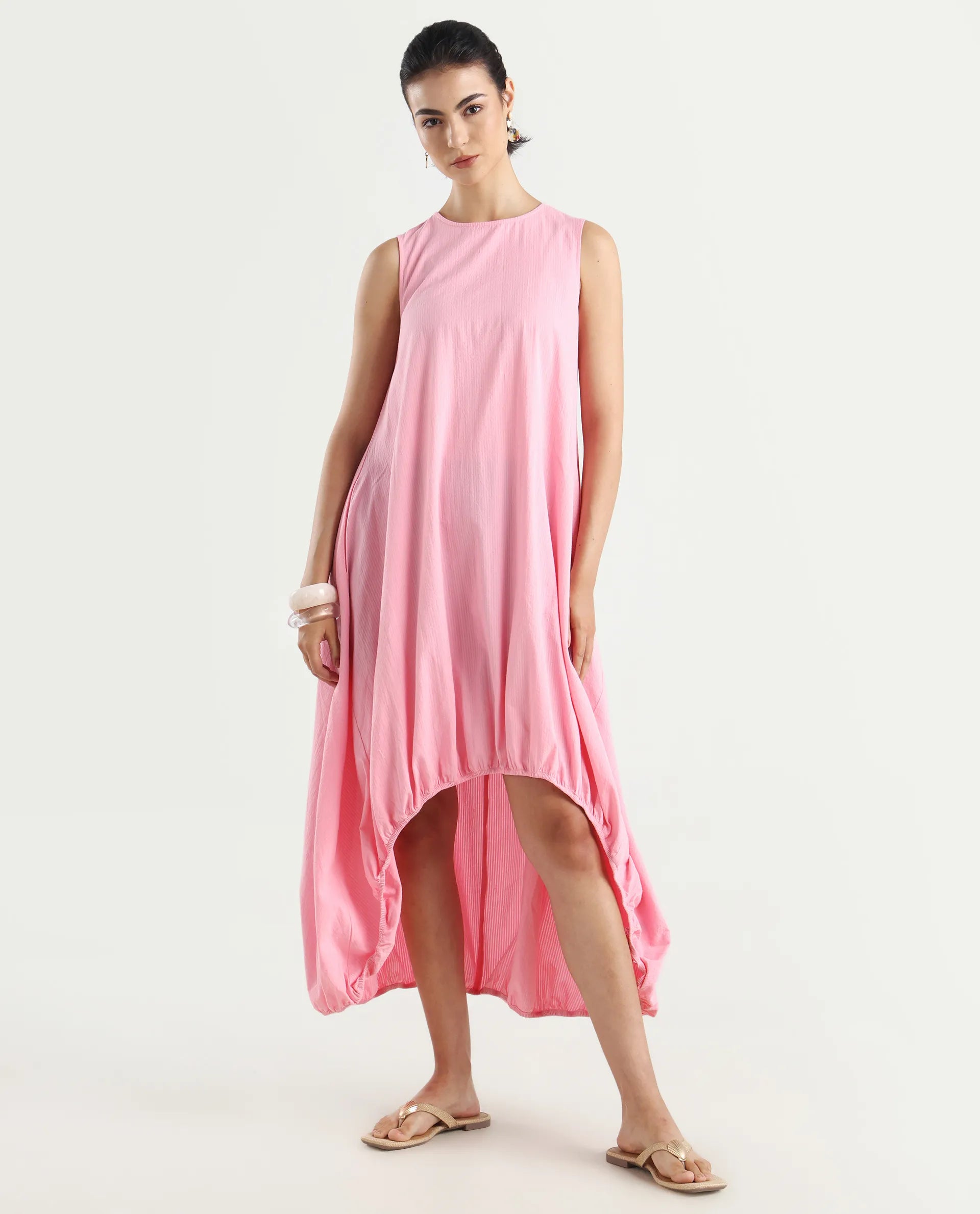 Rareism Women's Zakura Dusky Pink Cotton Crew Neck Striped Sleeveless Maxi Balloon Dress
