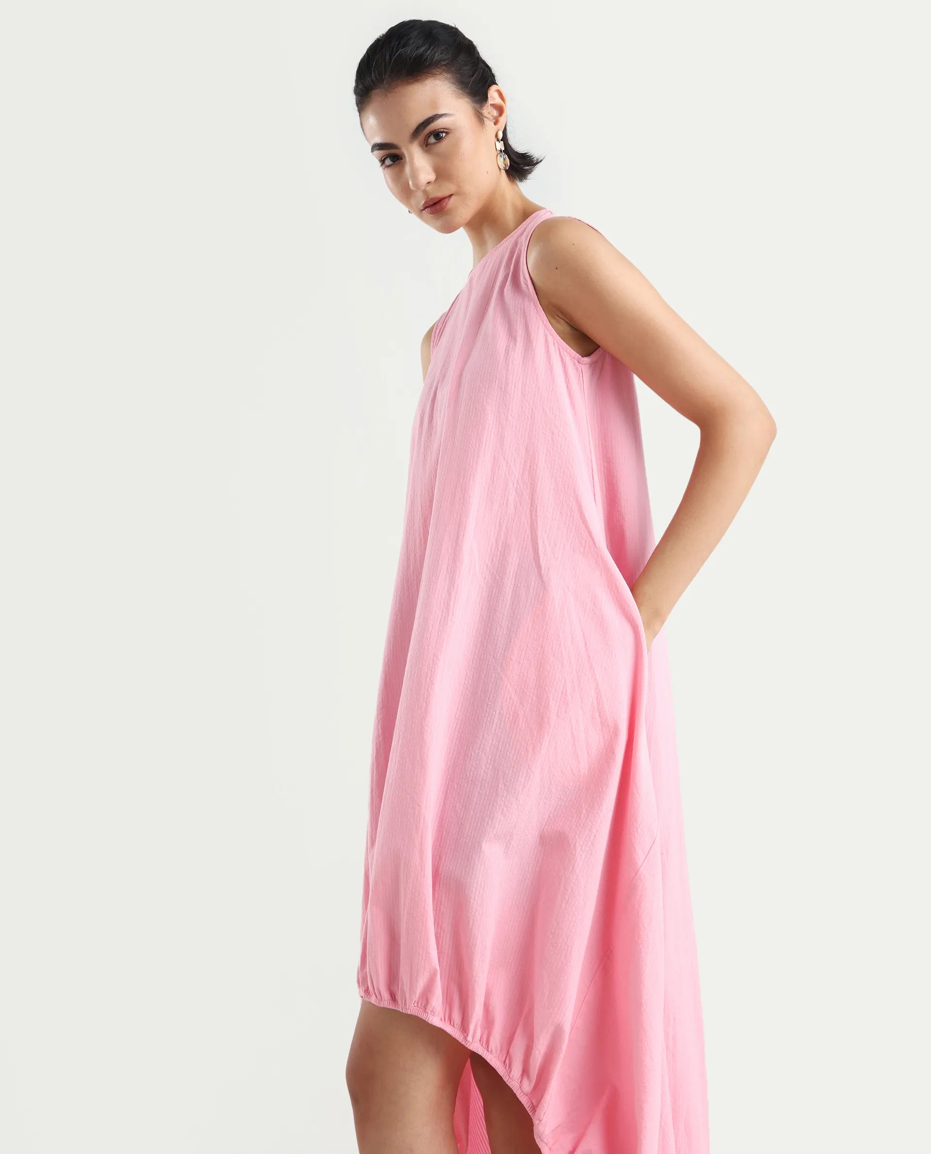 Rareism Women's Zakura Dusky Pink Cotton Crew Neck Striped Sleeveless Maxi Balloon Dress