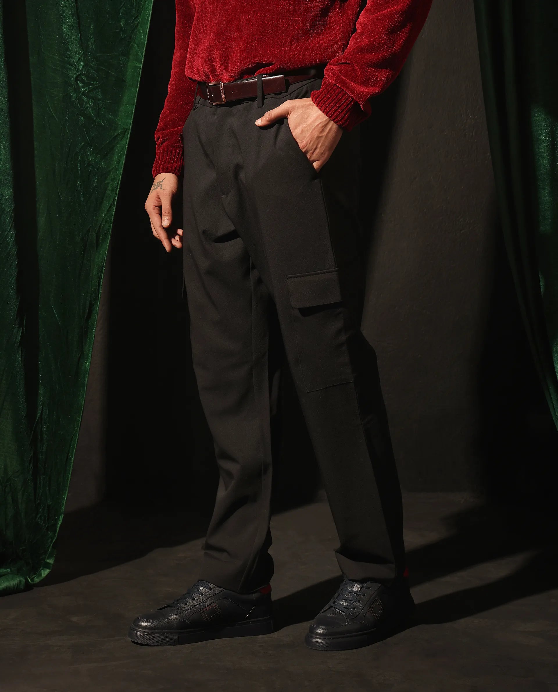 Rare Rabbit Men Zal Black Polyester Elastane Button And Zip Closure Relaxed Fit Plain Trouser