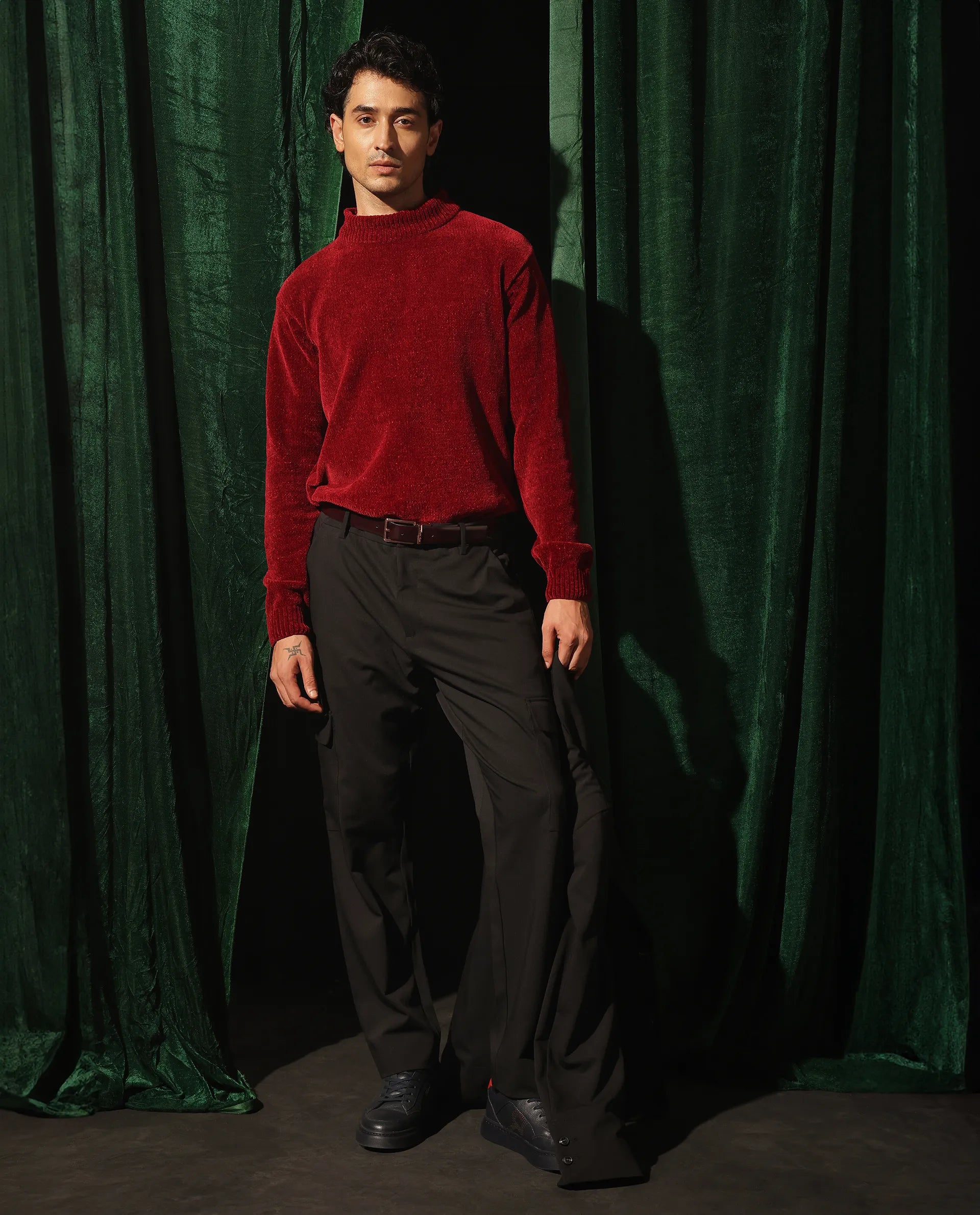 Rare Rabbit Men Zal Black Polyester Elastane Button And Zip Closure Relaxed Fit Plain Trouser