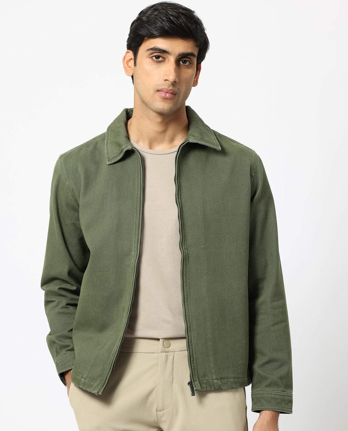 Rare Rabbit Men's Zale Dark Green Cotton Fabric Full Sleeves Zip Closure Solid Twill Shacket