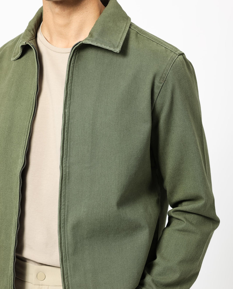 Rare Rabbit Men's Zale Dark Green Cotton Fabric Full Sleeves Zip Closure Solid Twill Shacket