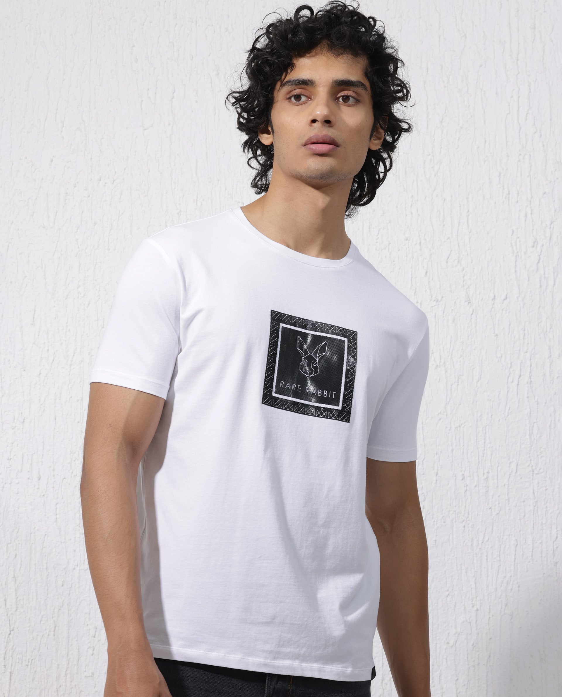 Rare Rabbit Men's Zalen White Short Sleeve Graphic Printed Logo T-shirt