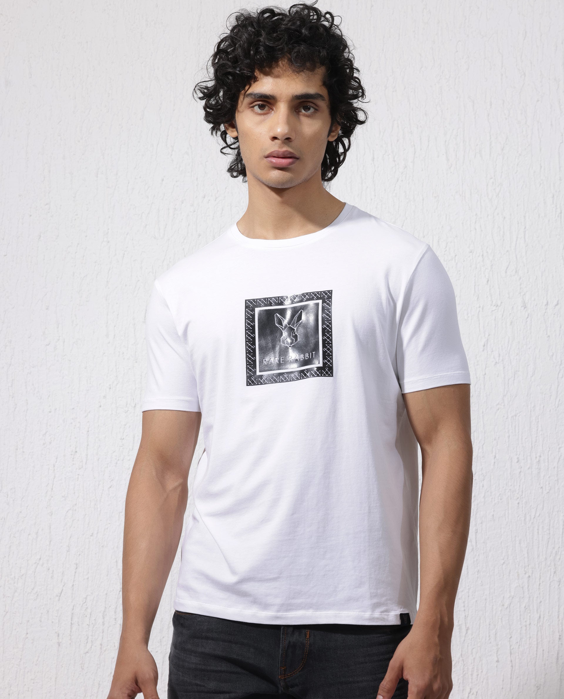 Rare Rabbit Men's Zalen White Short Sleeve Graphic Printed Logo T-shirt