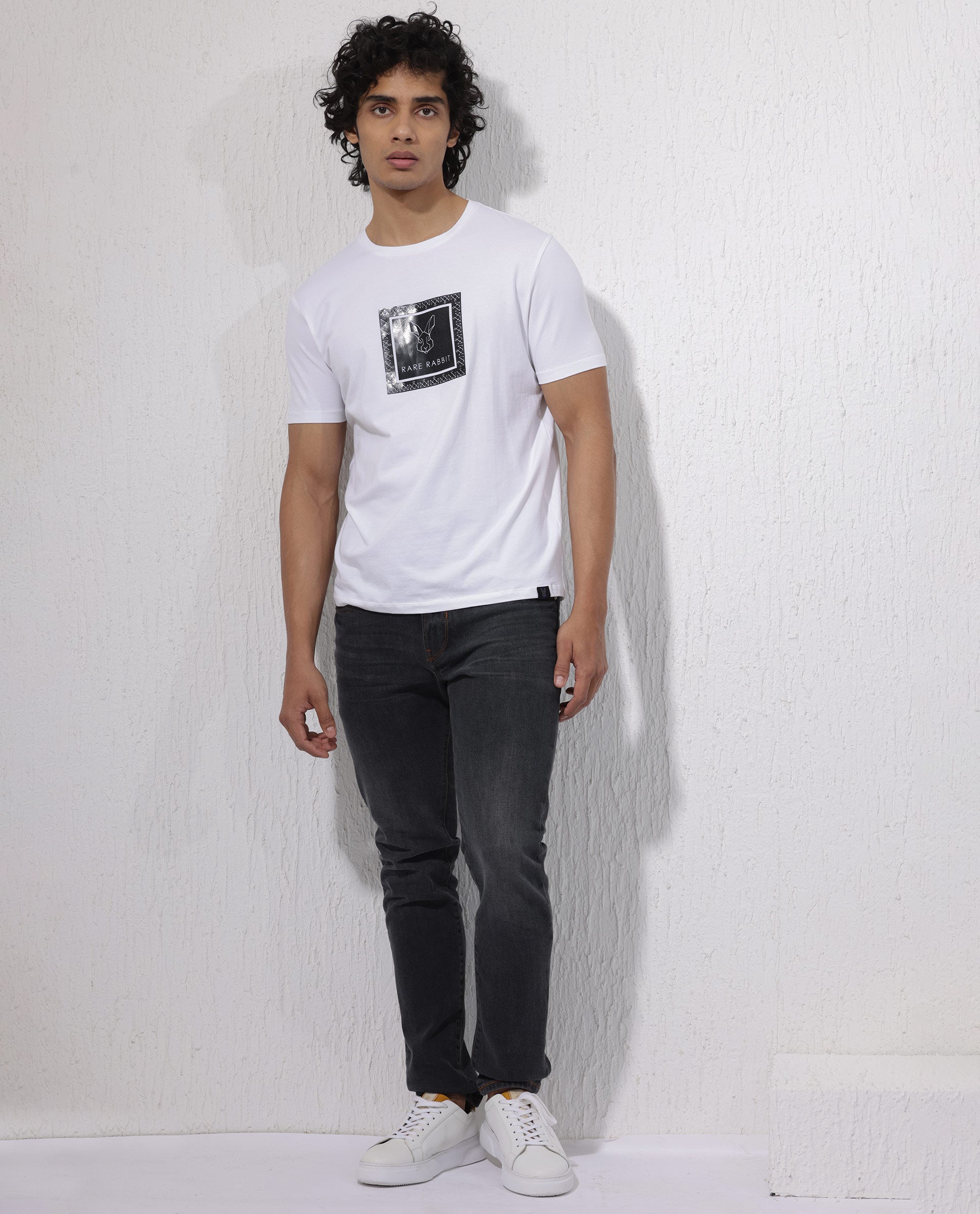 Rare Rabbit Men's Zalen White Short Sleeve Graphic Printed Logo T-shirt