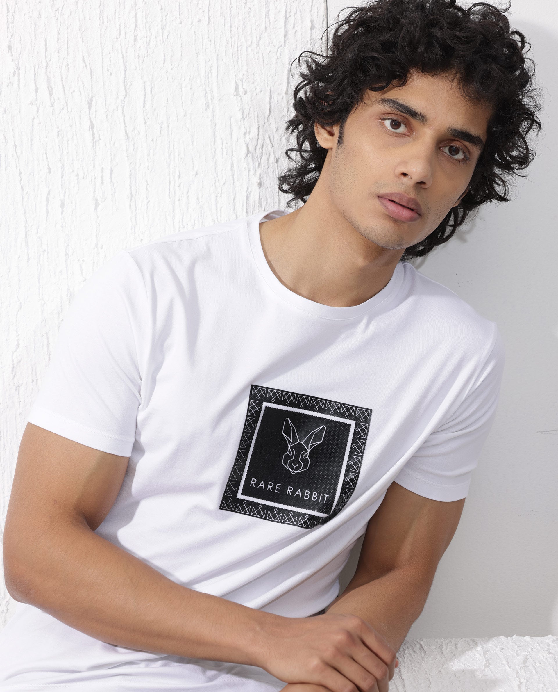 Rare Rabbit Men's Zalen White Short Sleeve Graphic Printed Logo T-shirt