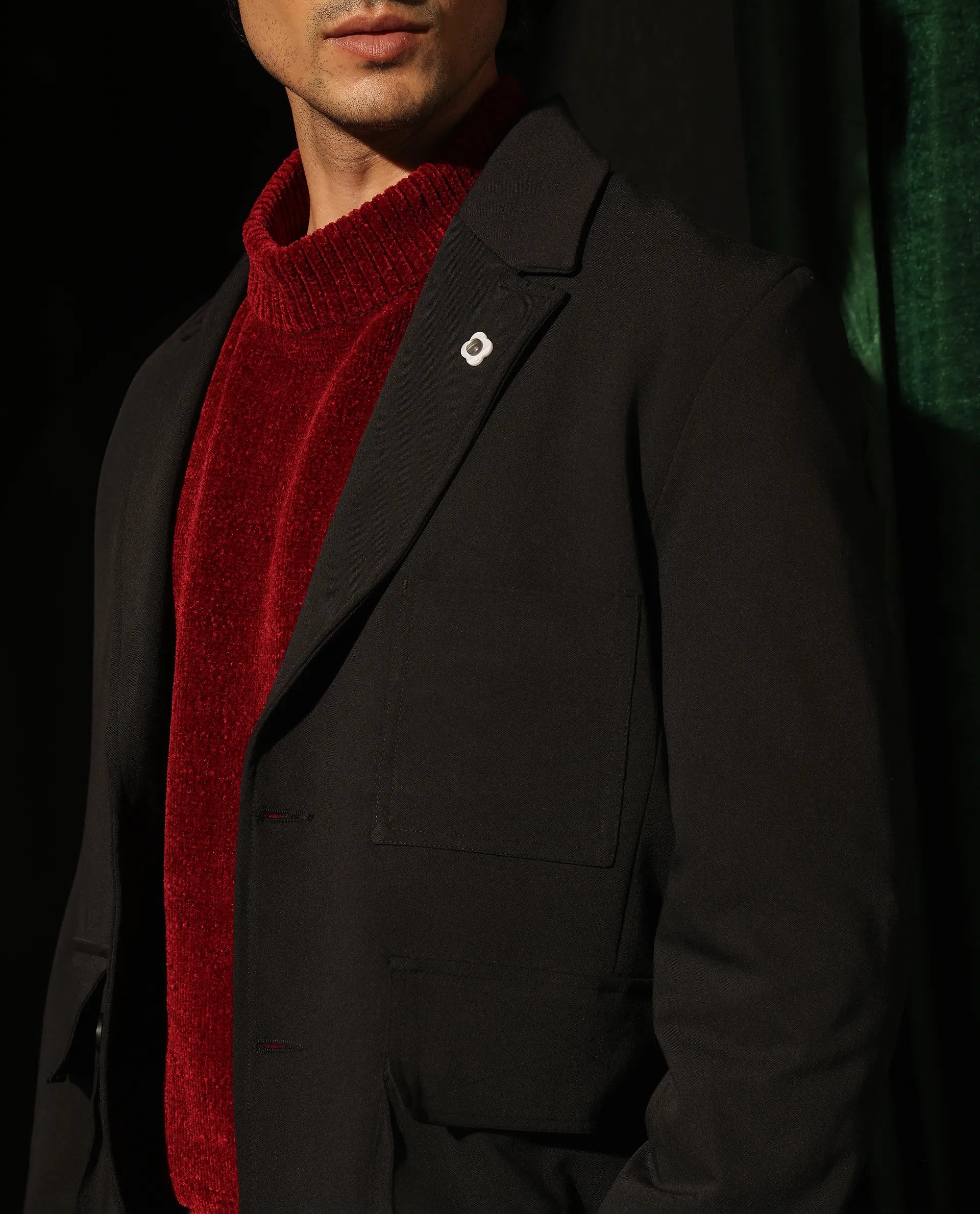 Rare Rabbit Men Zalfo Black Polyester Lycra Fabric Full Sleeve Lapel Collar Button Closure Solid Blazer Jacket