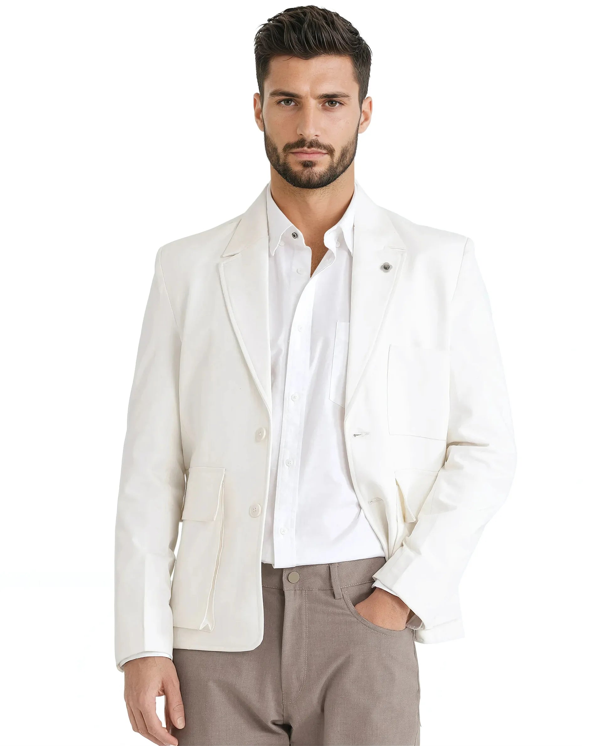 Rare Rabbit Men Zalfo Off White Polyester Lycra Fabric Full Sleeve Lapel Collar Button Closure Solid Blazer Jacket