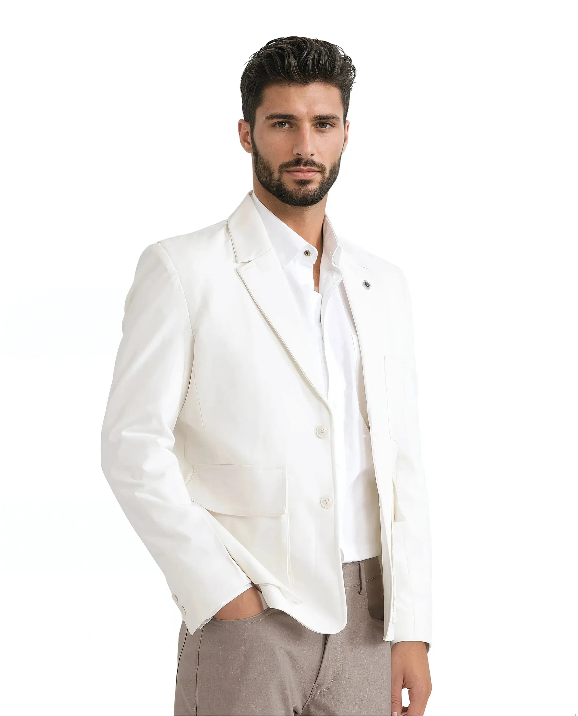 Rare Rabbit Men Zalfo Off White Polyester Lycra Fabric Full Sleeve Lapel Collar Button Closure Solid Blazer Jacket