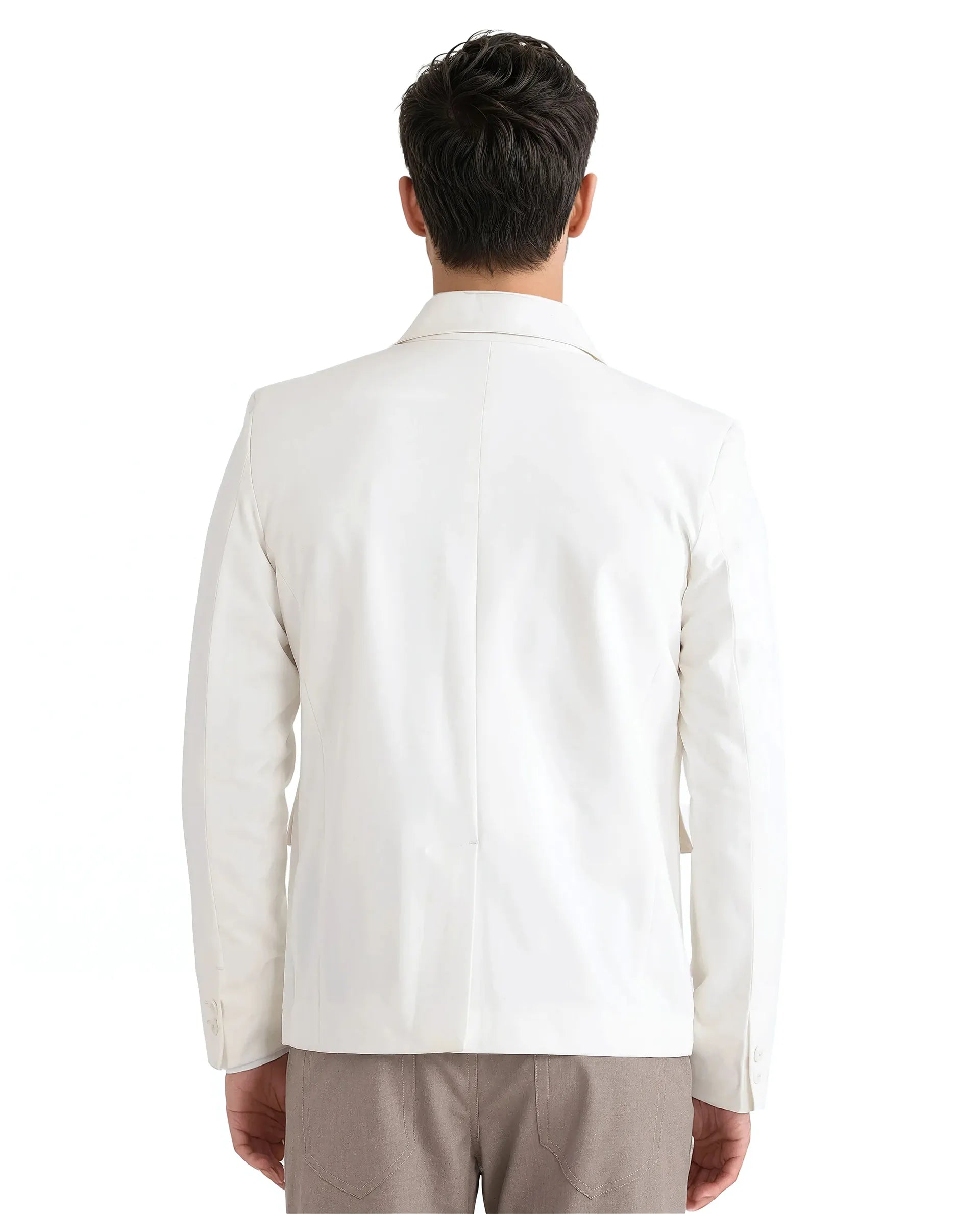 Rare Rabbit Men Zalfo Off White Polyester Lycra Fabric Full Sleeve Lapel Collar Button Closure Solid Blazer Jacket