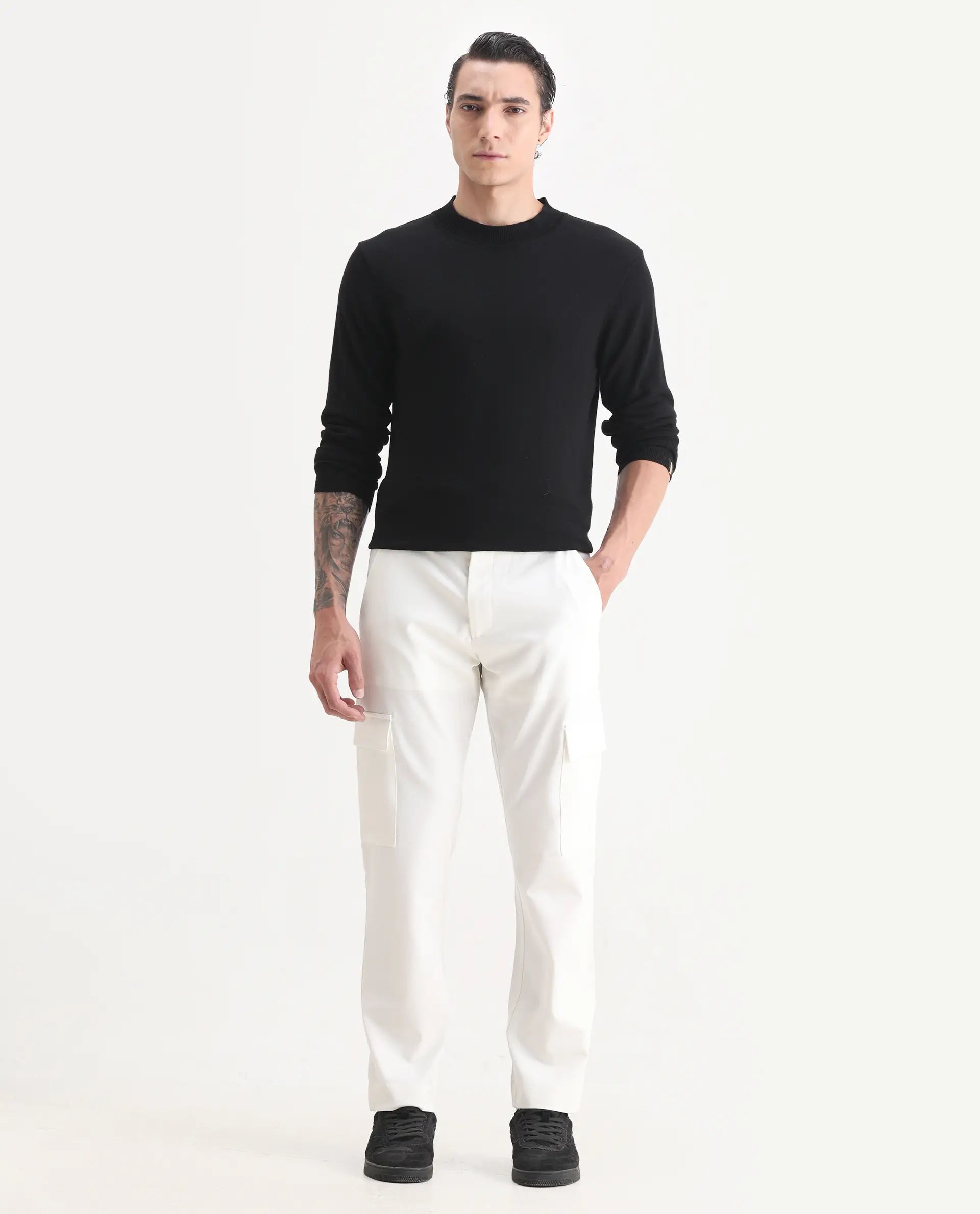 Rare Rabbit Men's Zal Off White Polyester Plain Relaxed Fit Trouser